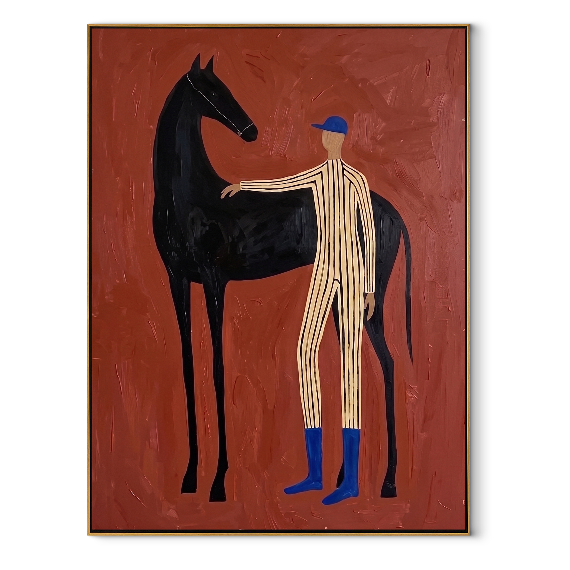 Blue Boots Steady Black equestrian horse painting, vertical canvas artwork
