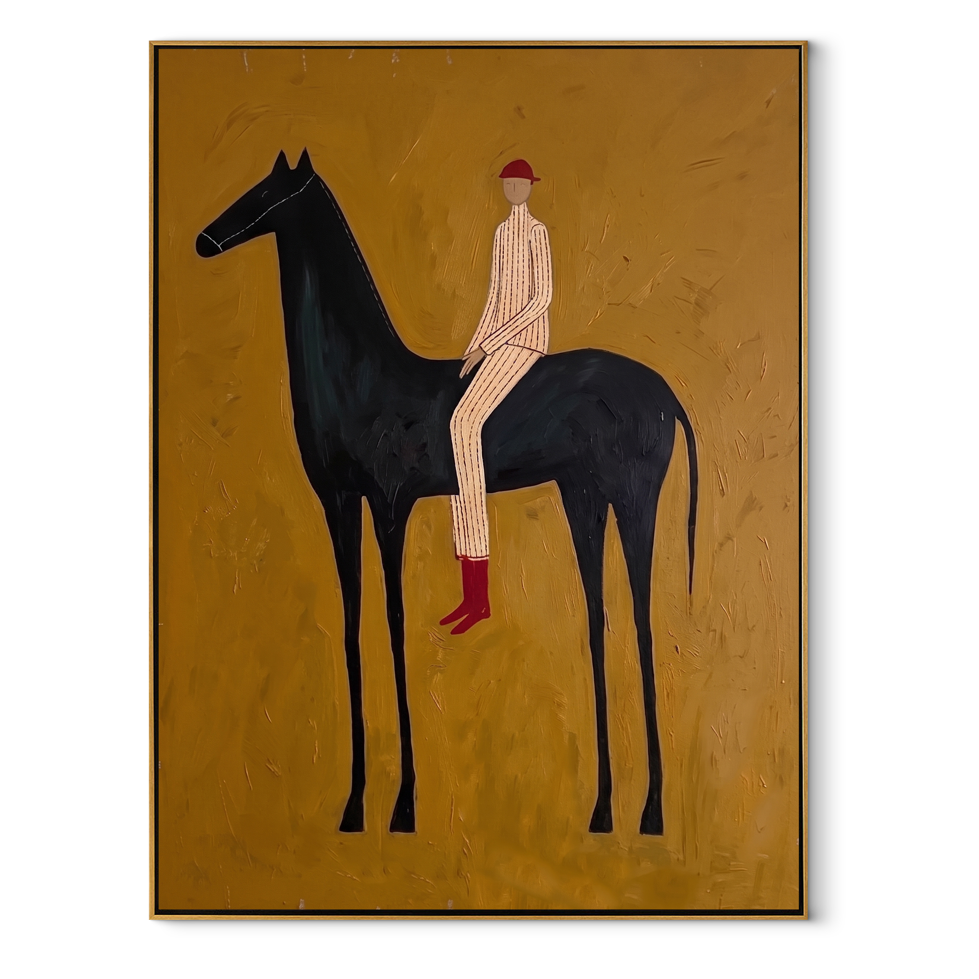 Ochre Field Lifts Rider equestrian horse painting, vertical canvas artwork