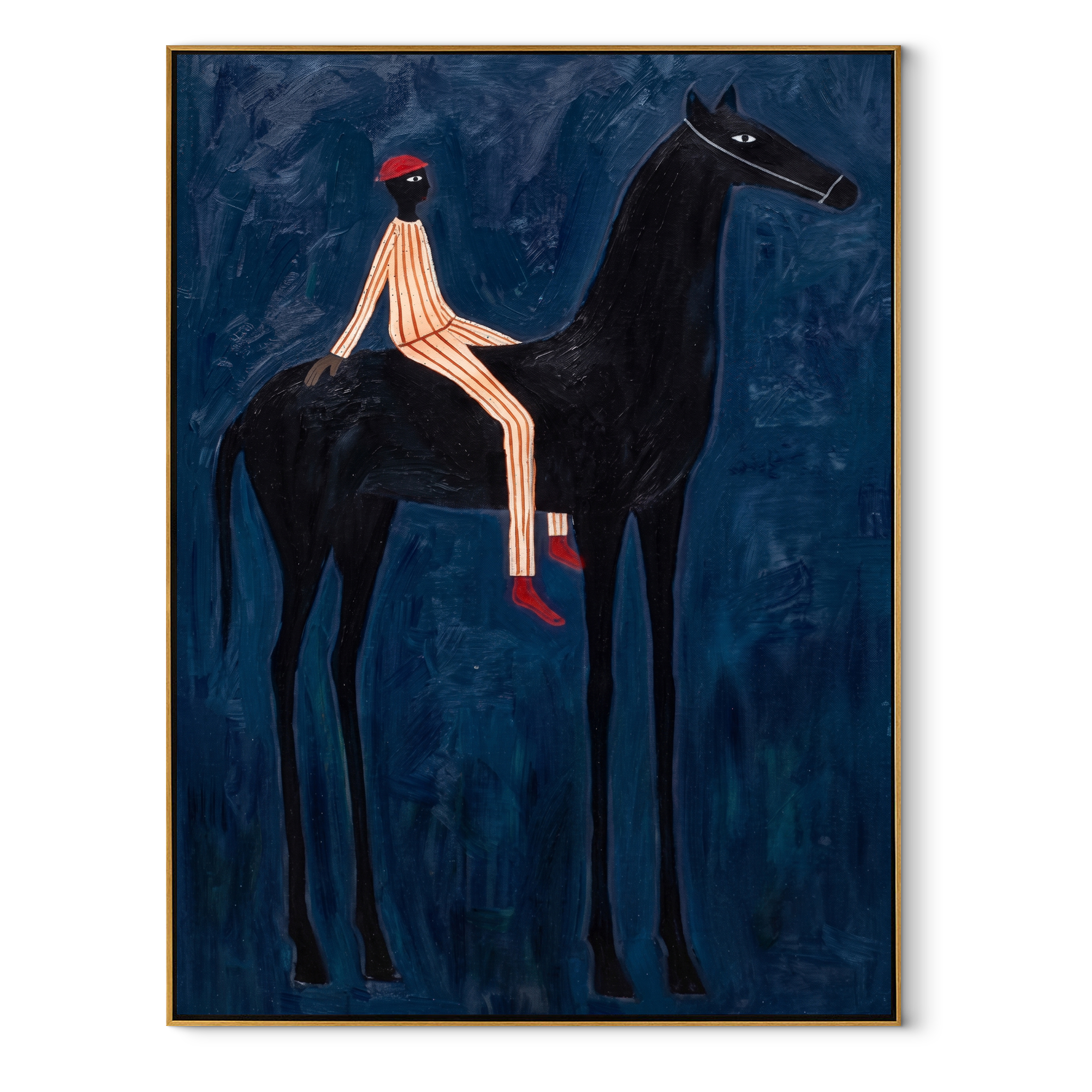 Red Hat Crosses Cobalt equestrian horse painting, vertical canvas artwork