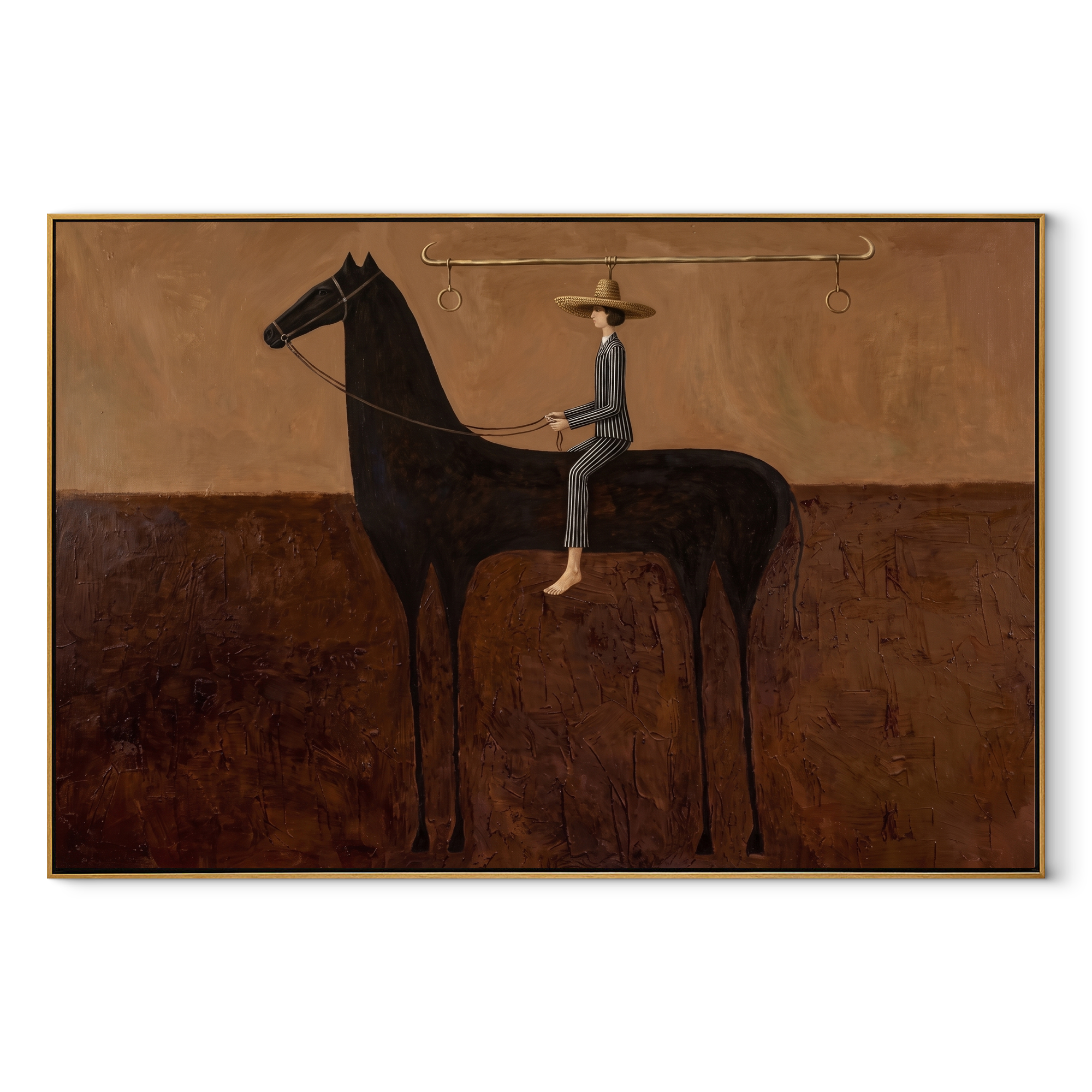 Long Reins Hold Earth equestrian horse painting, horizontal canvas artwork