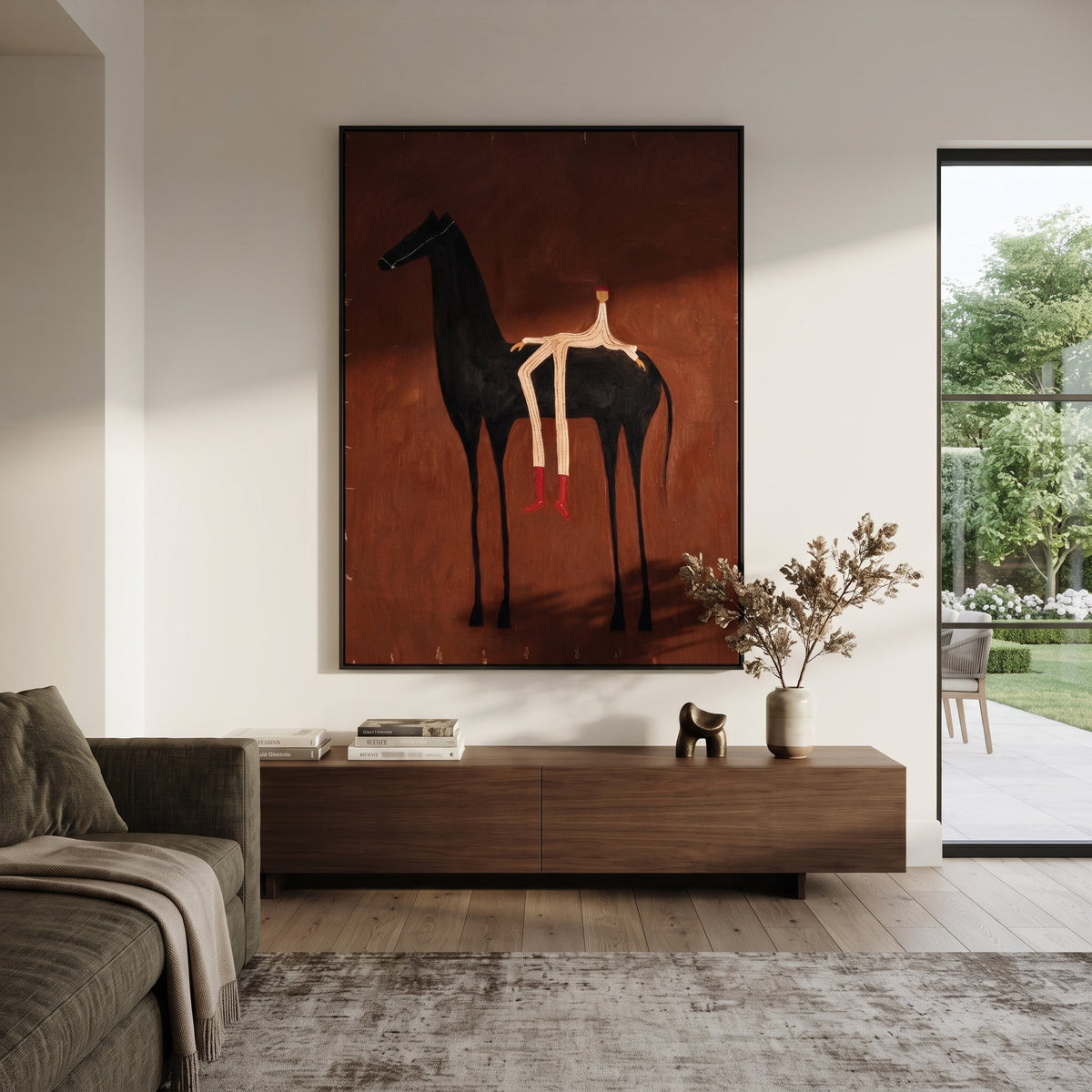 Ember Horse Bears Stripes styled with wood, linen, and modern decor