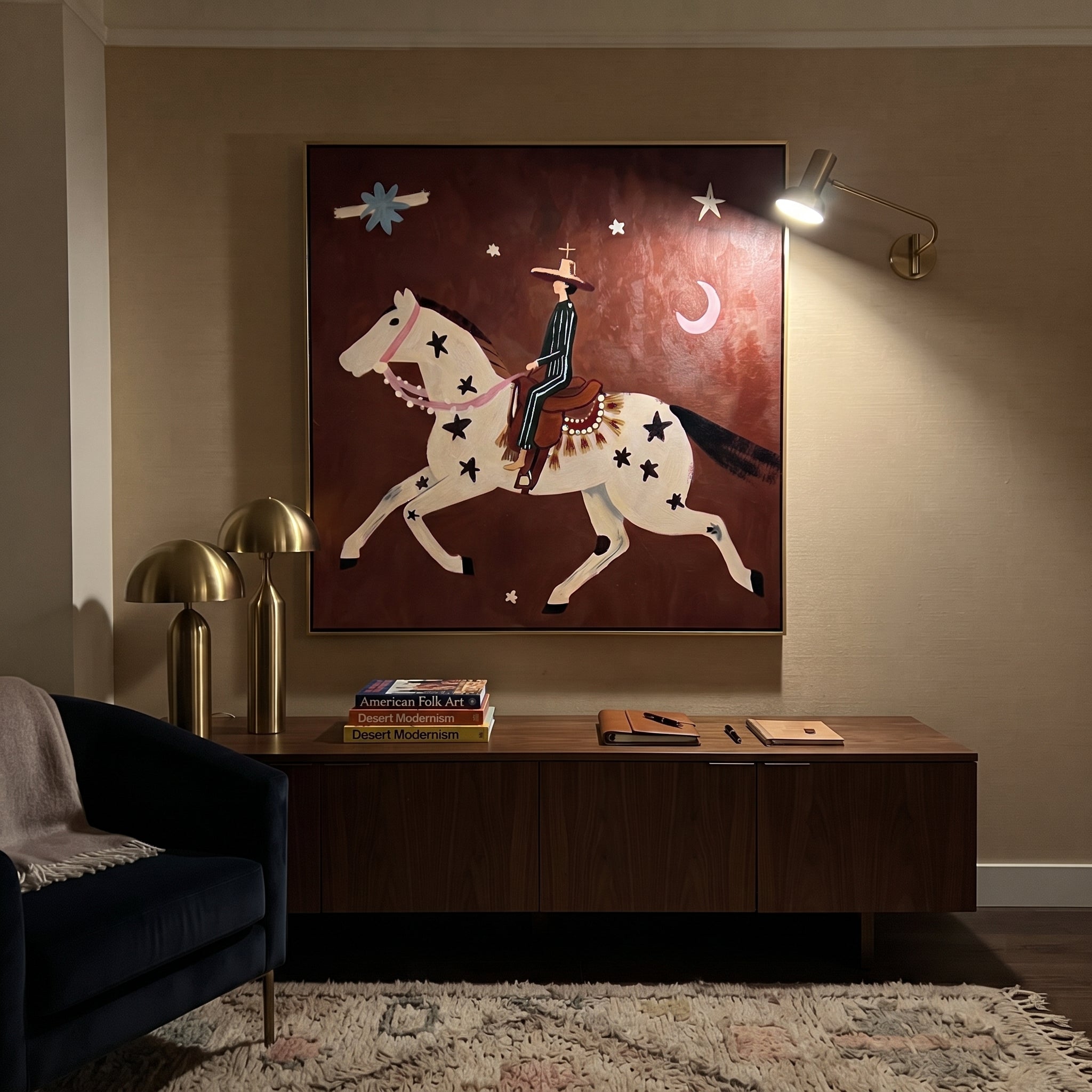Star Horse Chases Crescent styled with wood, linen, and modern decor