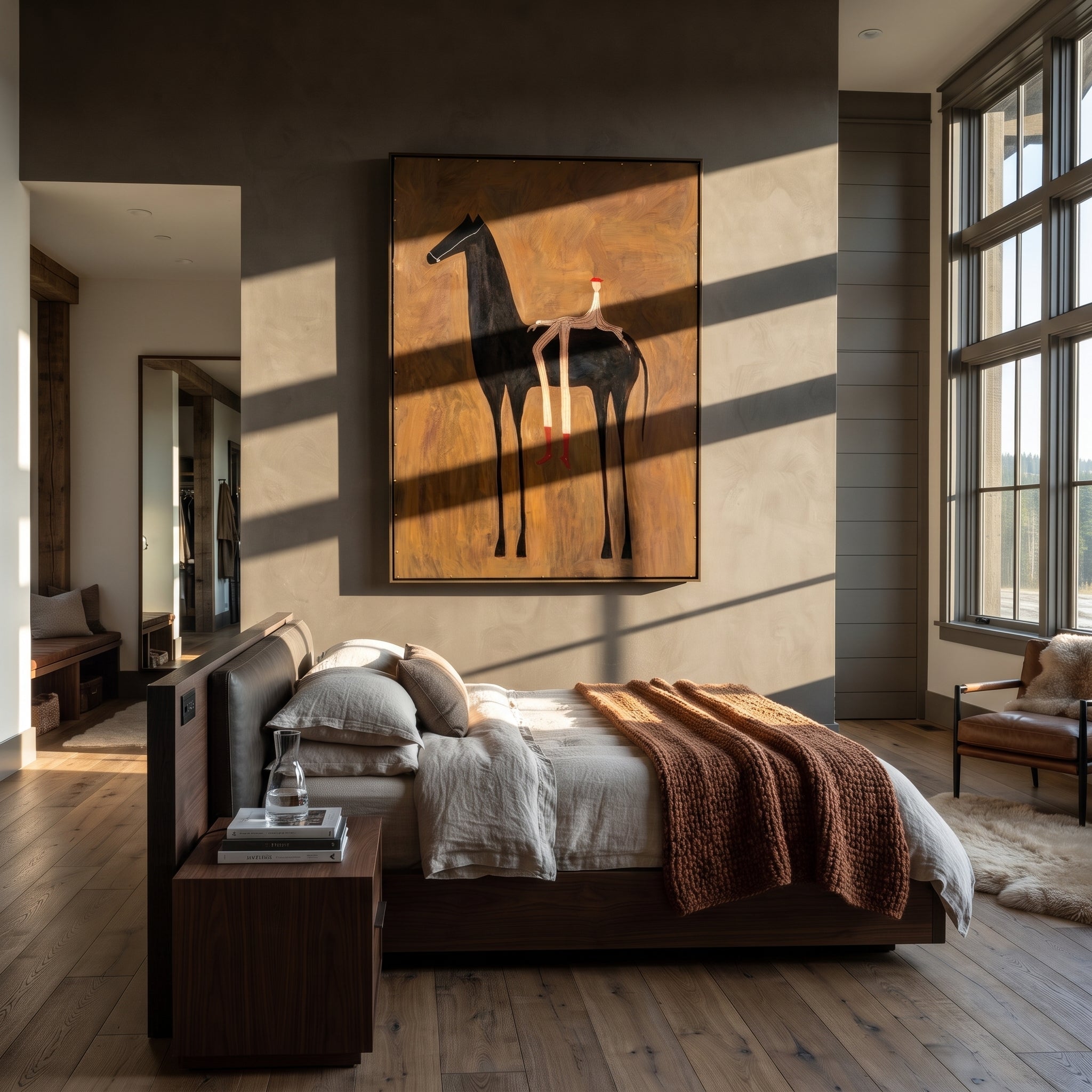 Long Legs Rest Midnight styled with wood, linen, and modern decor