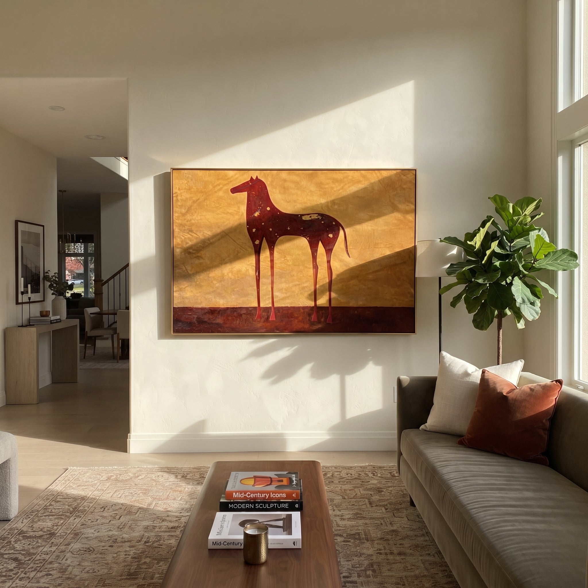 Constellations Rest on Burgundy styled with wood, linen, and modern decor