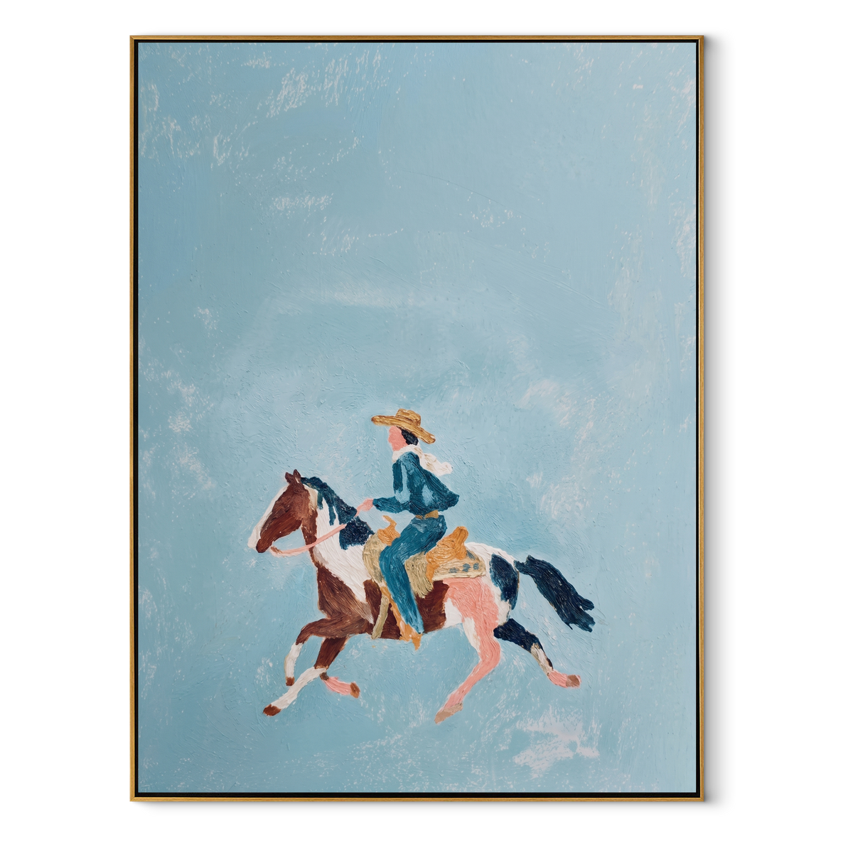Blue Sky Carries Gallop equestrian horse painting, vertical canvas artwork