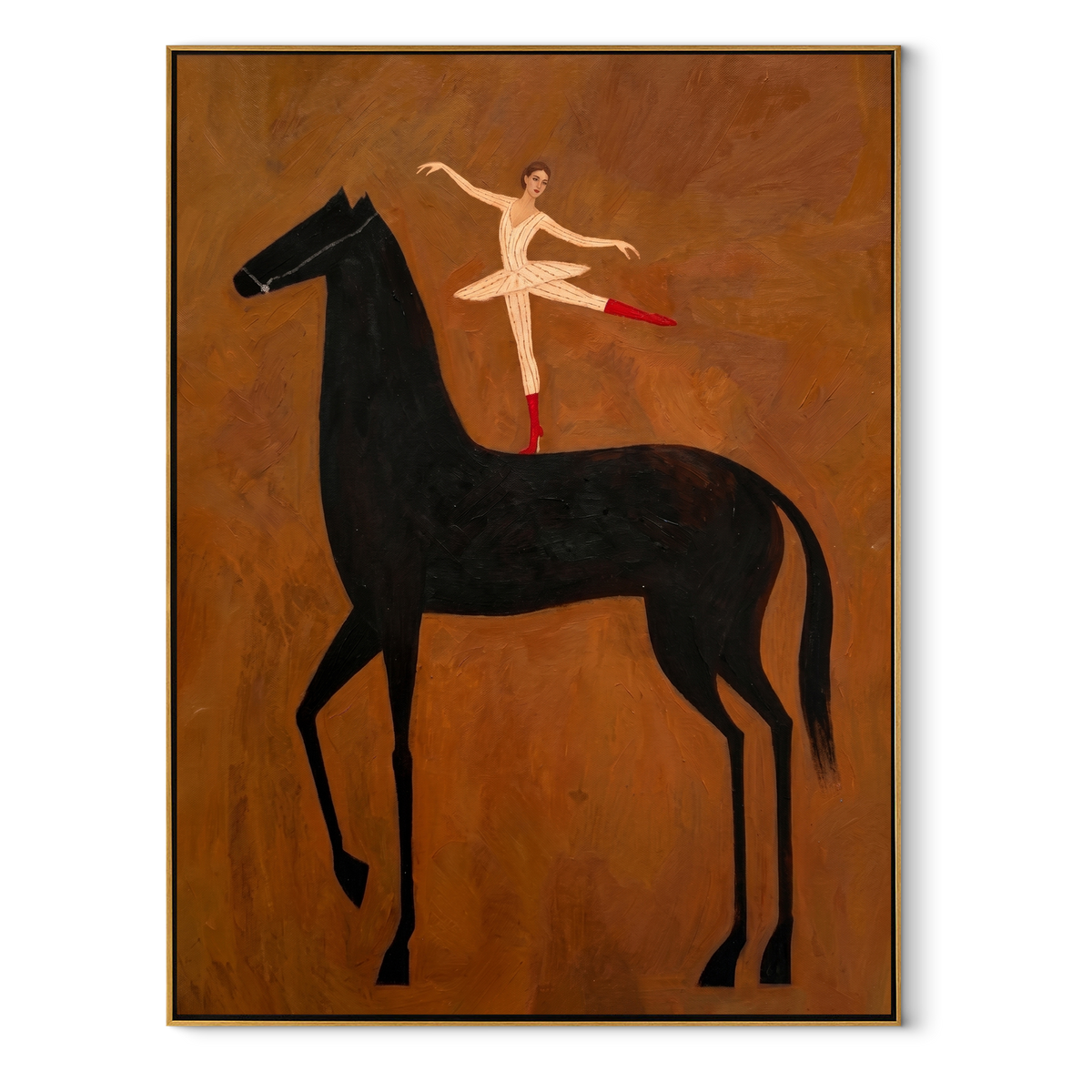 Dancer Opens Ochre Air equestrian horse painting, vertical canvas artwork