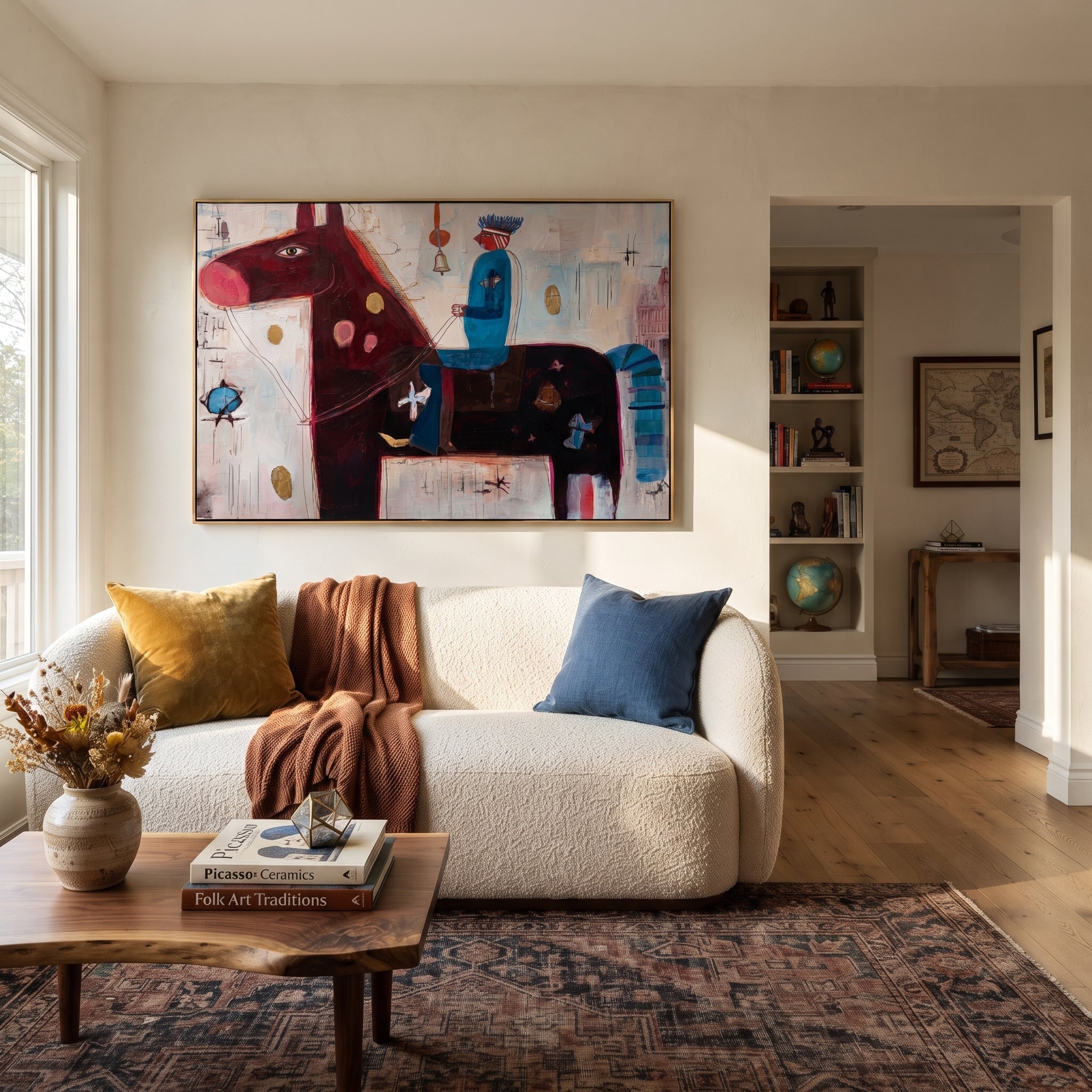 Blue Rider Guards Burgundy styled with warm modern furnishings