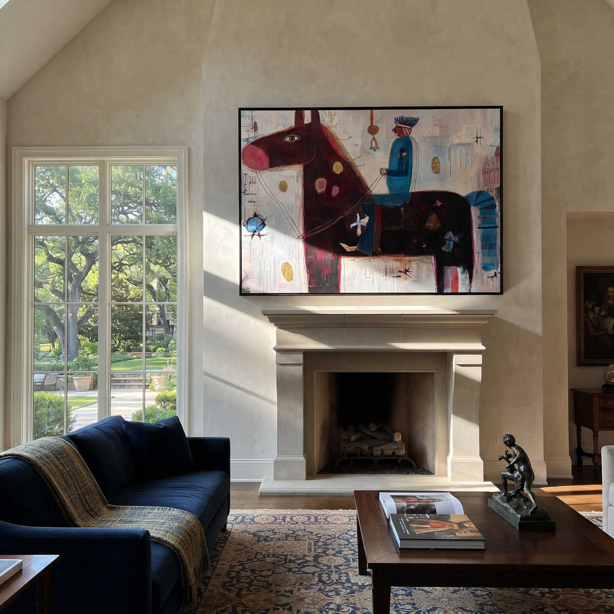 Blue Rider Guards Burgundy styled with wood, linen, and modern decor