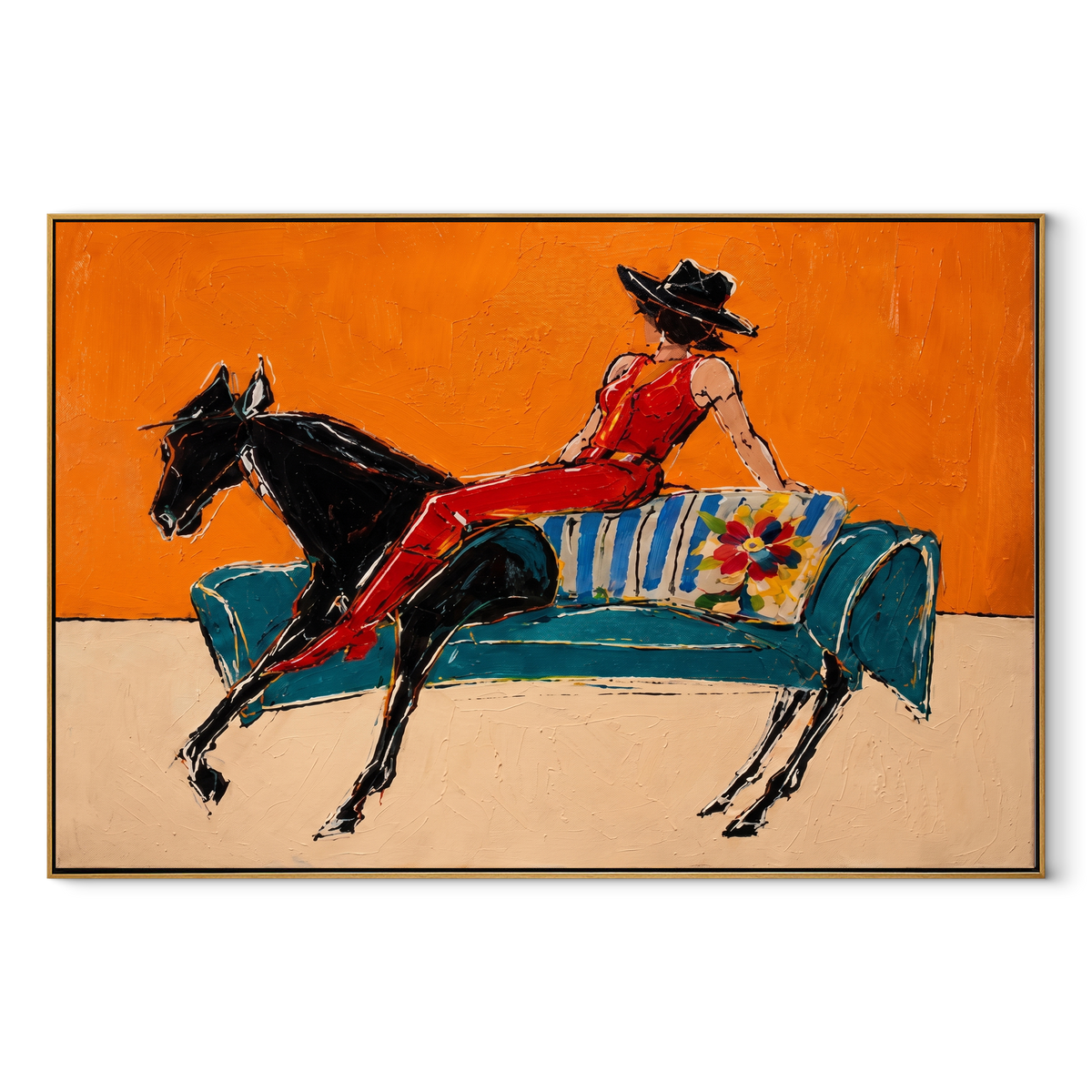 Red Boots Chase Orange equestrian horse painting, horizontal canvas artwork