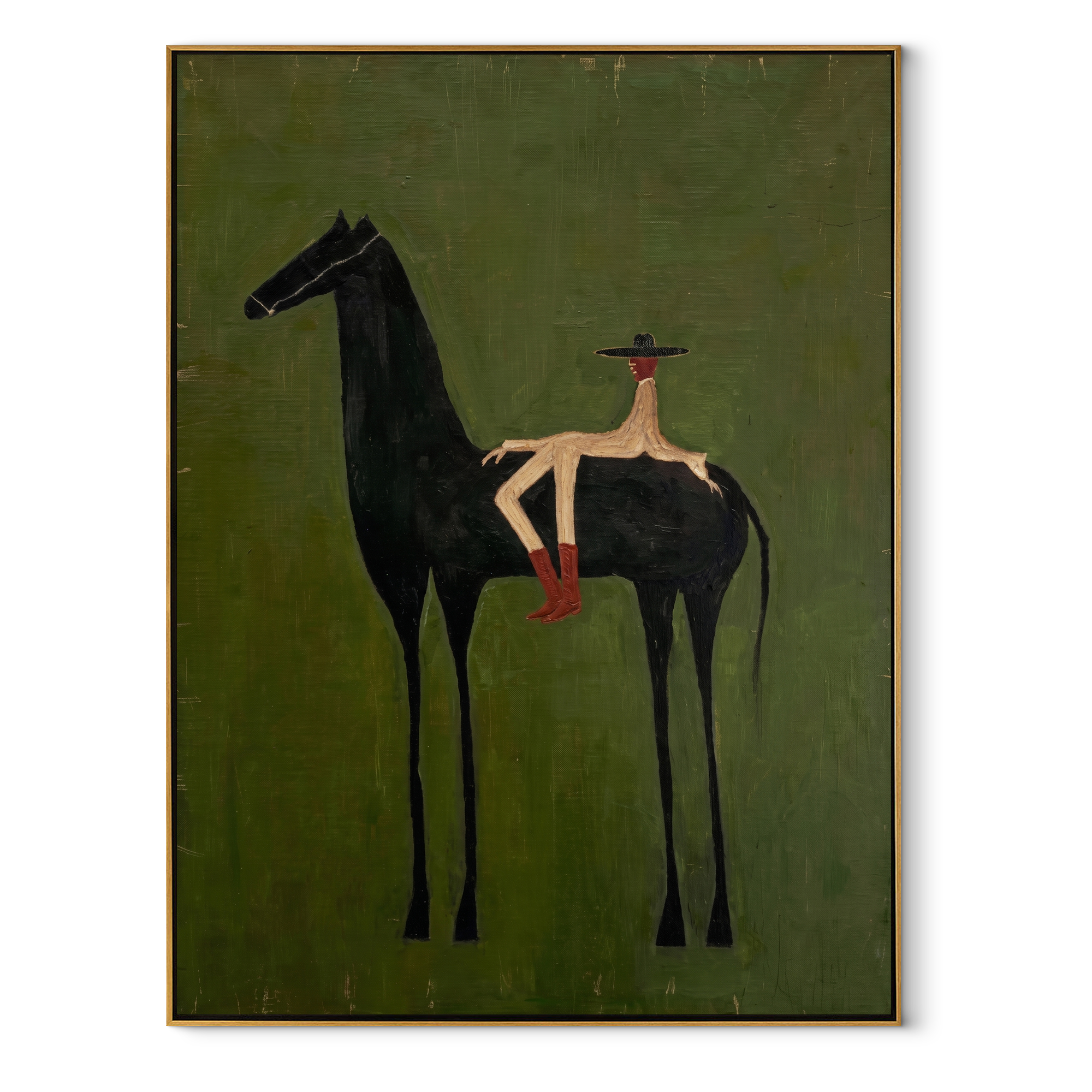 Small Rider Measures Green equestrian horse painting, vertical canvas artwork