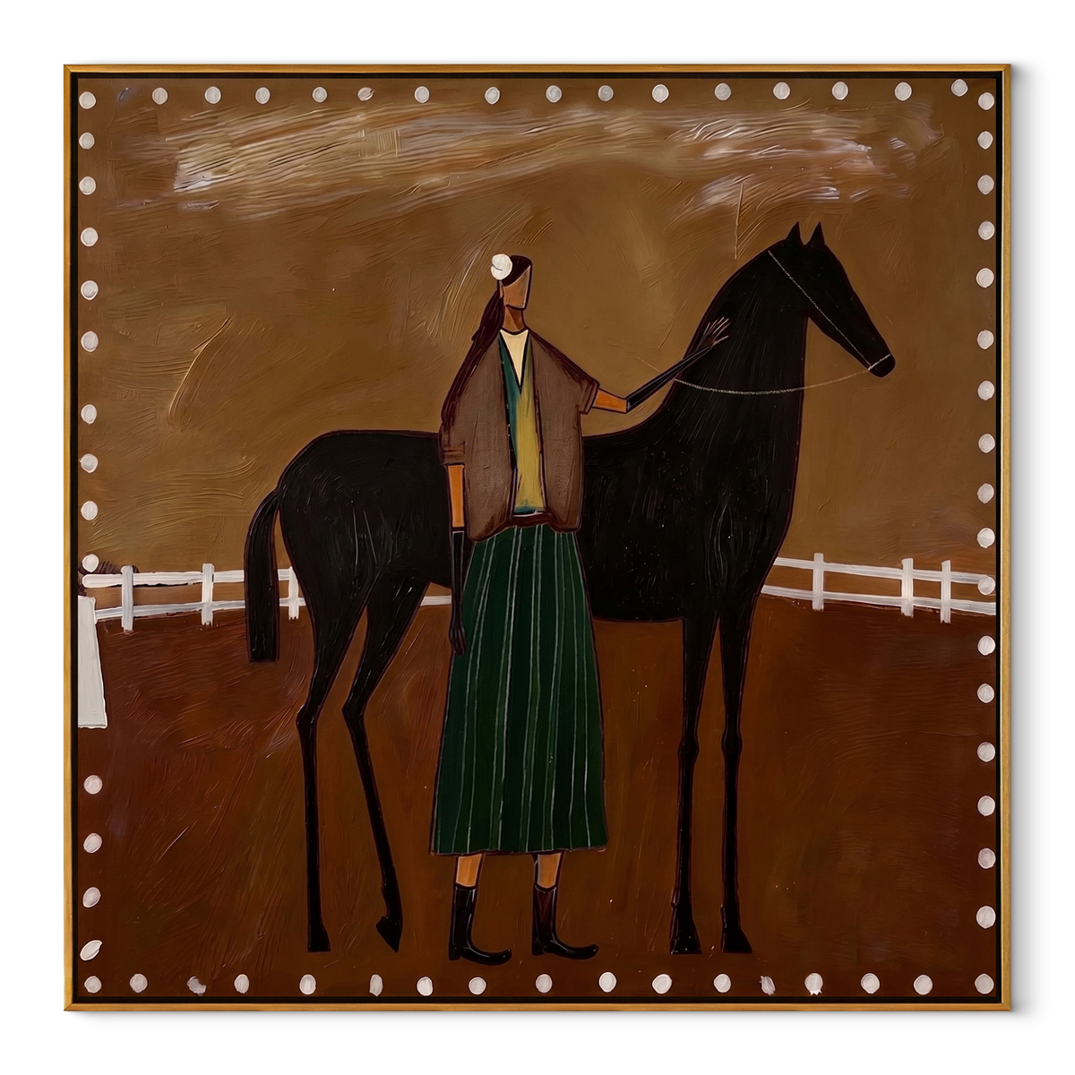 White Fence Holds Trust equestrian horse painting, square canvas artwork