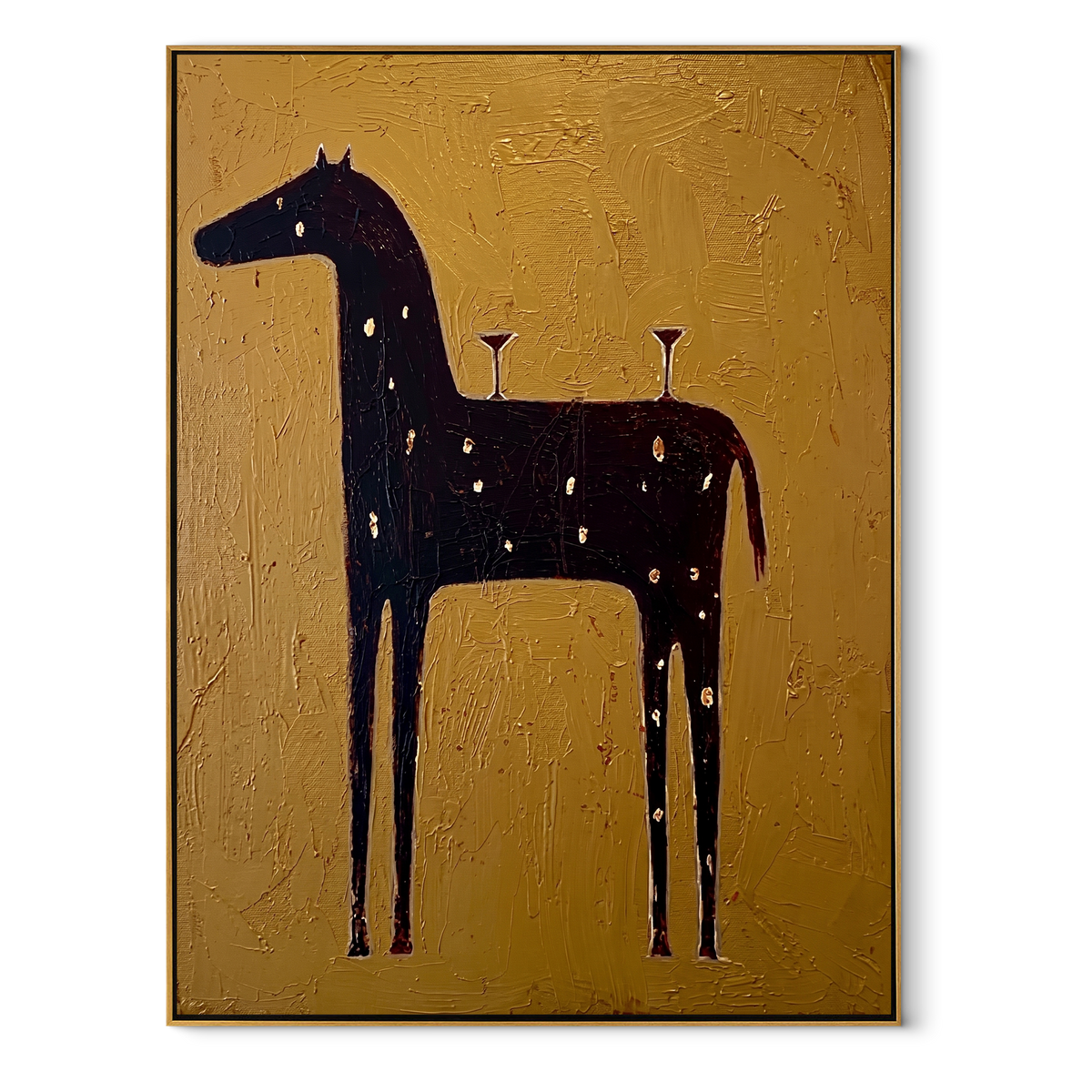 Three Glasses Wait Upright equestrian horse painting, vertical canvas artwork
