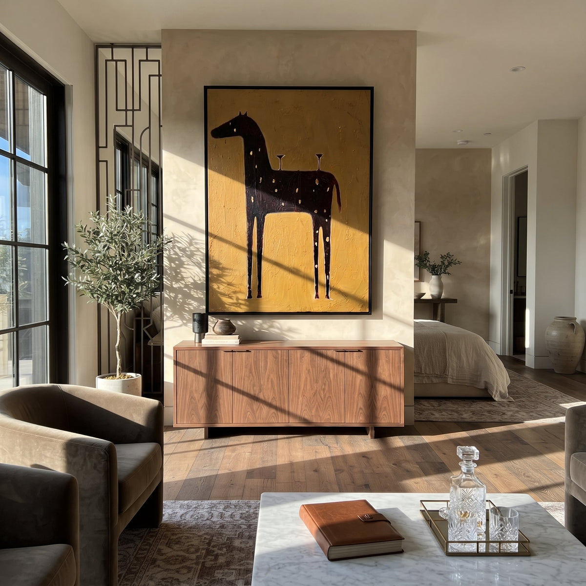 Three Glasses Wait Upright styled with warm modern furnishings