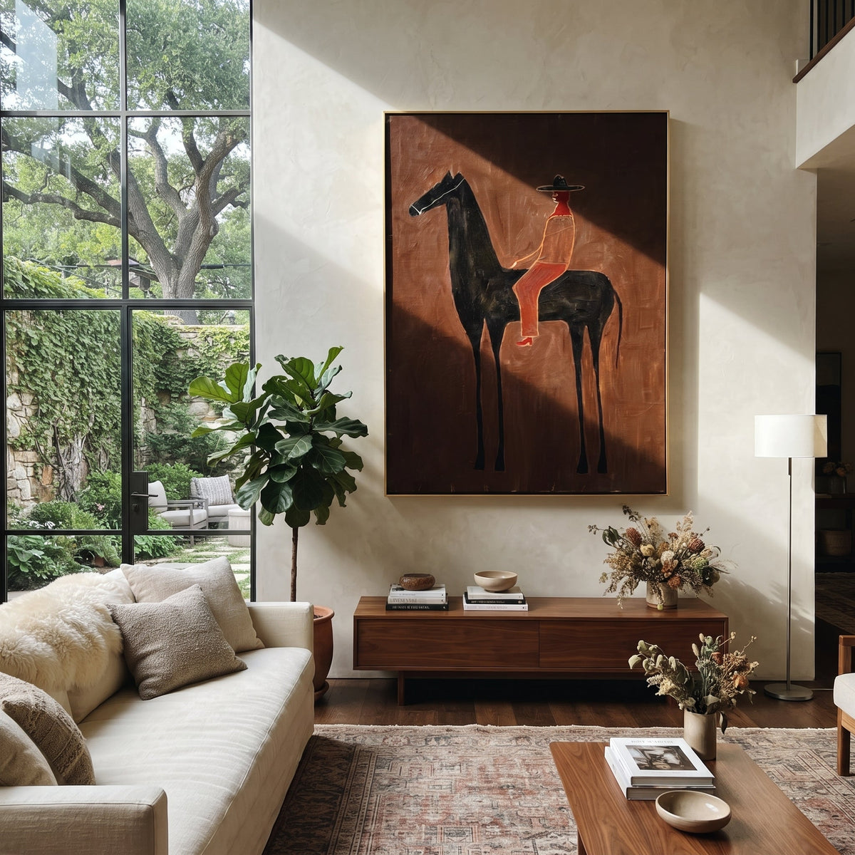 Scarlet Rider Crosses Umber displayed in a collected contemporary interior