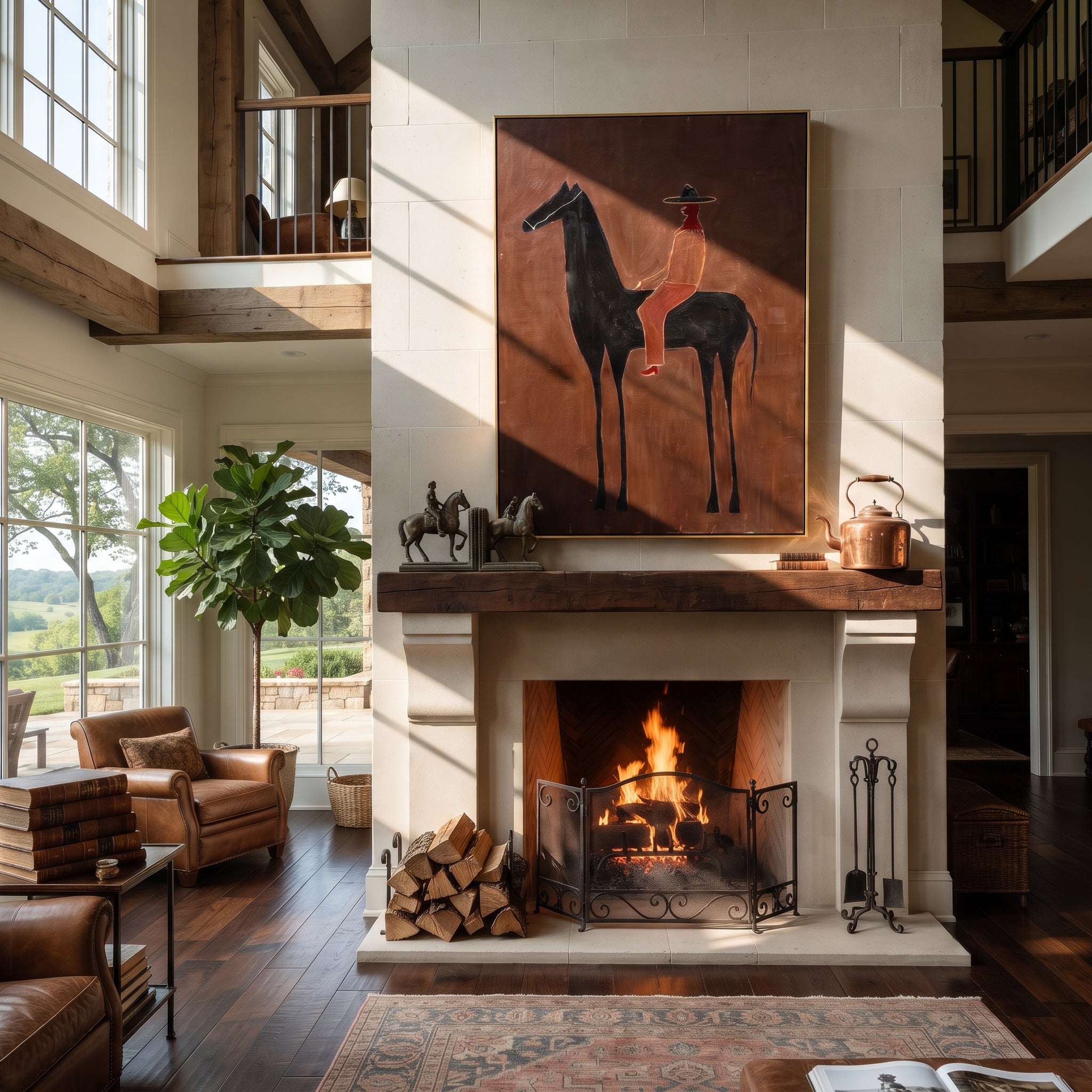 Scarlet Rider Crosses Umber styled with warm modern furnishings