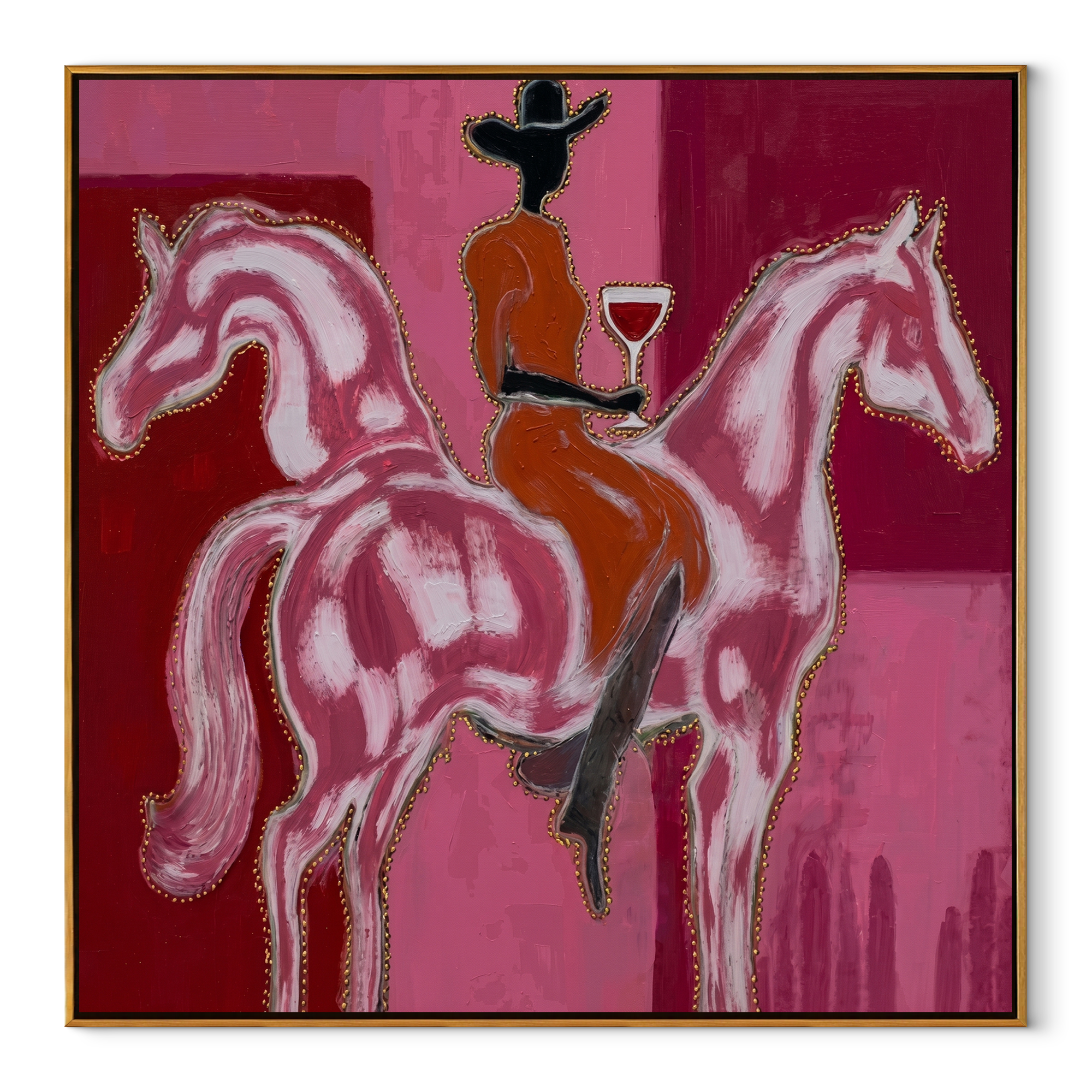 Twin Horses Raise Wine equestrian horse painting, square canvas artwork