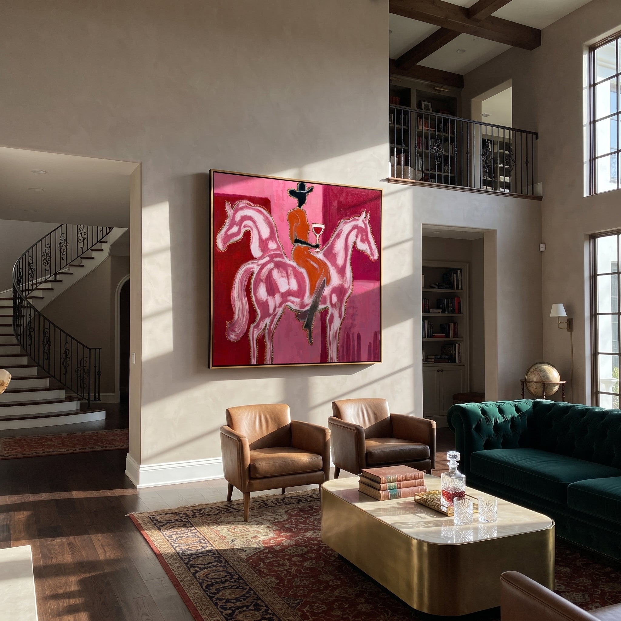 Twin Horses Raise Wine displayed in a layered residential setting
