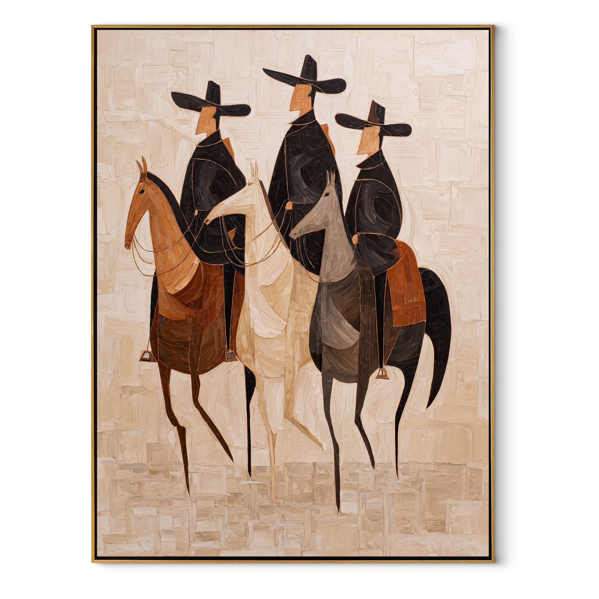 Three Hats Travel Together equestrian horse painting, vertical canvas artwork
