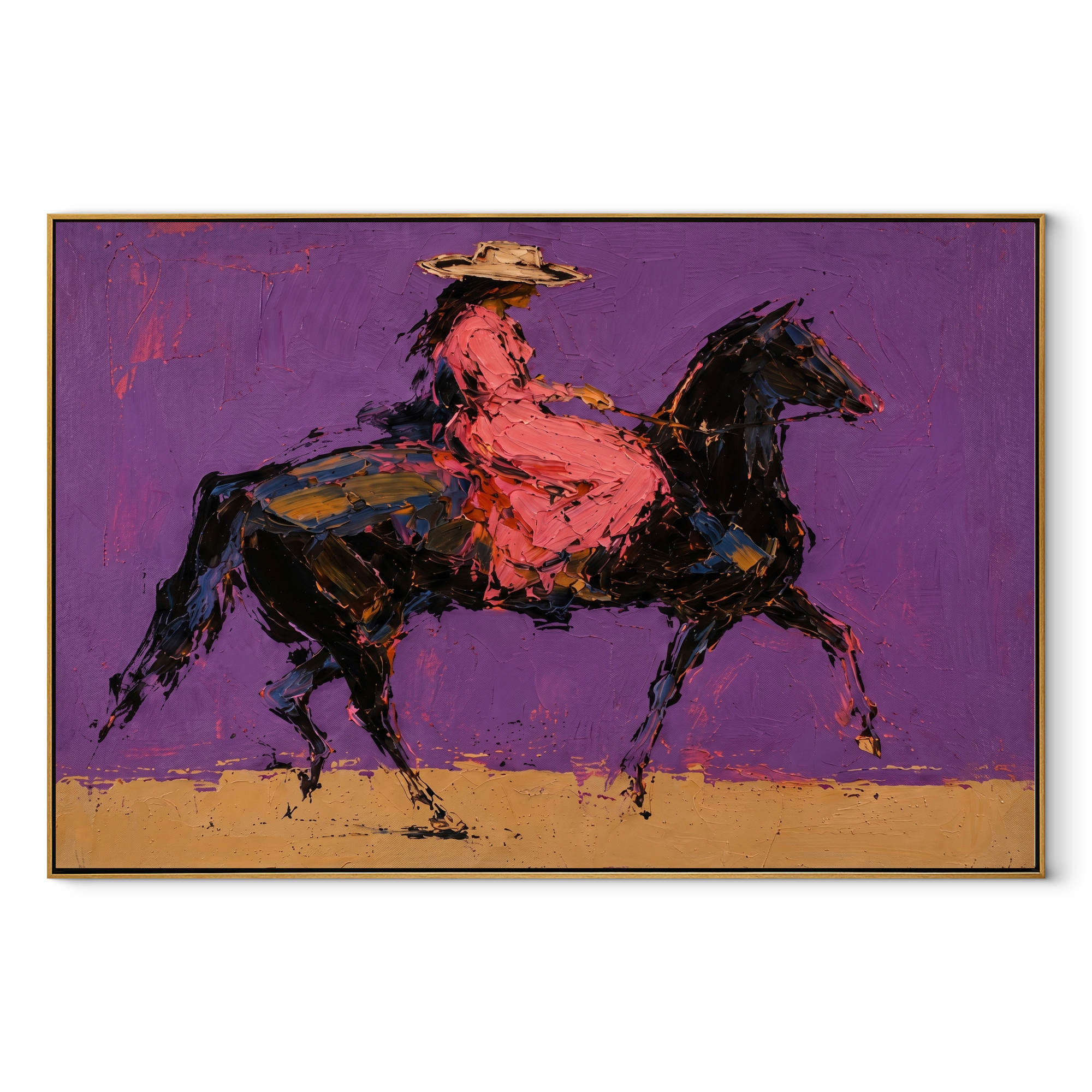 Violet Gallop Breaks Gold equestrian horse painting, horizontal canvas artwork