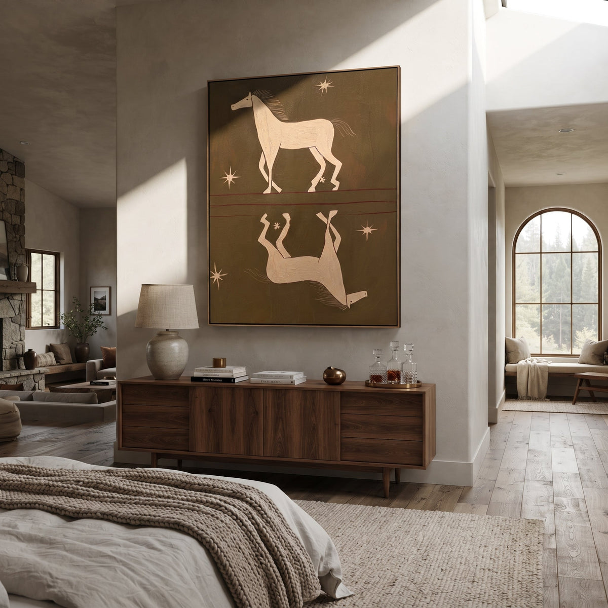 White Horses Mirror Stars styled with wood, linen, and modern decor