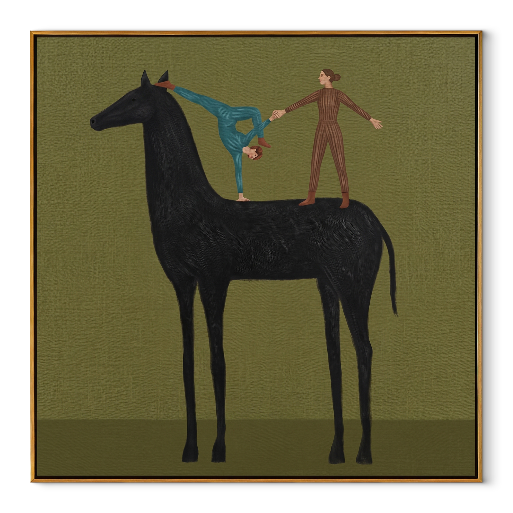 Two Acrobats Test Balance equestrian horse painting, square canvas artwork