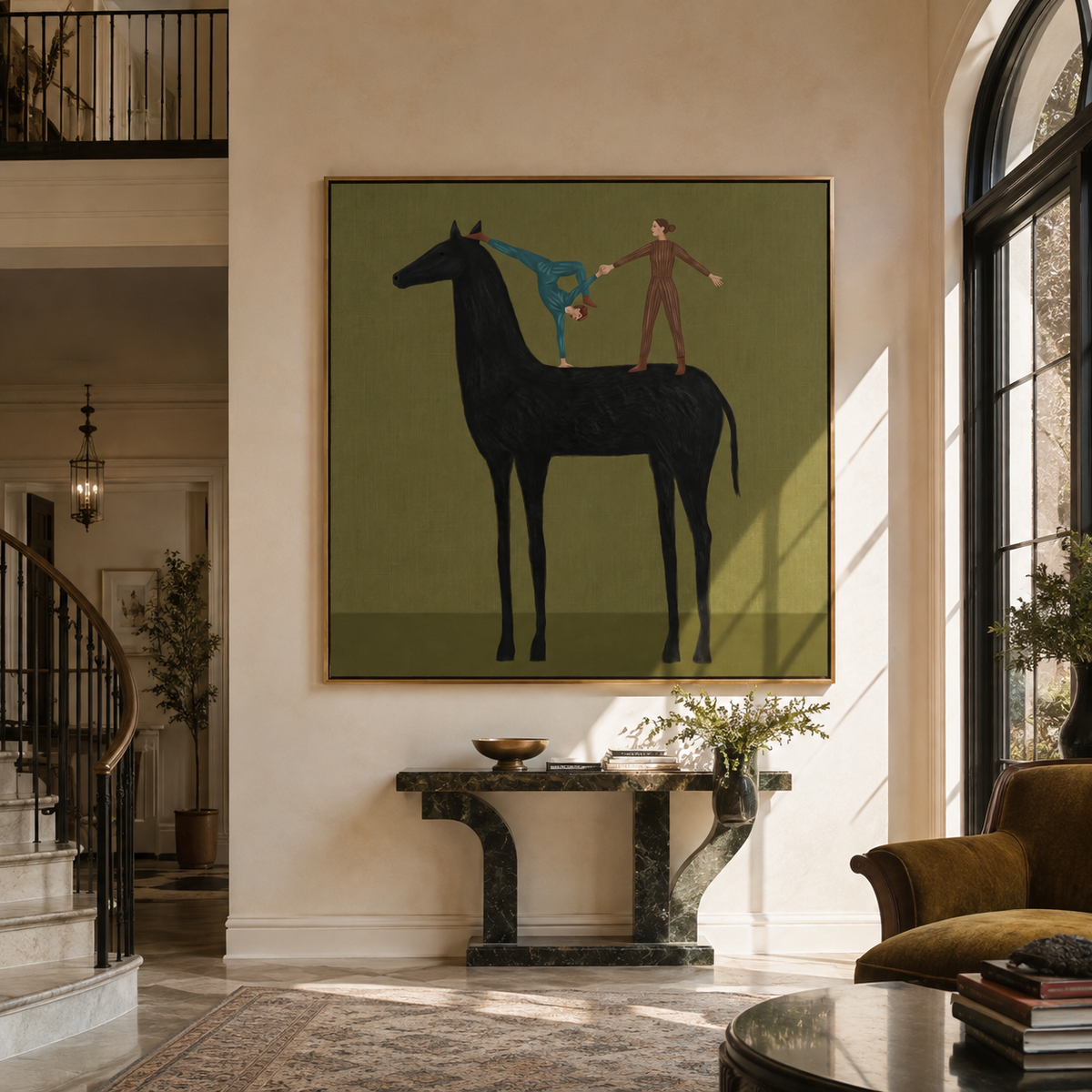 Two Acrobats Test Balance styled with warm modern furnishings