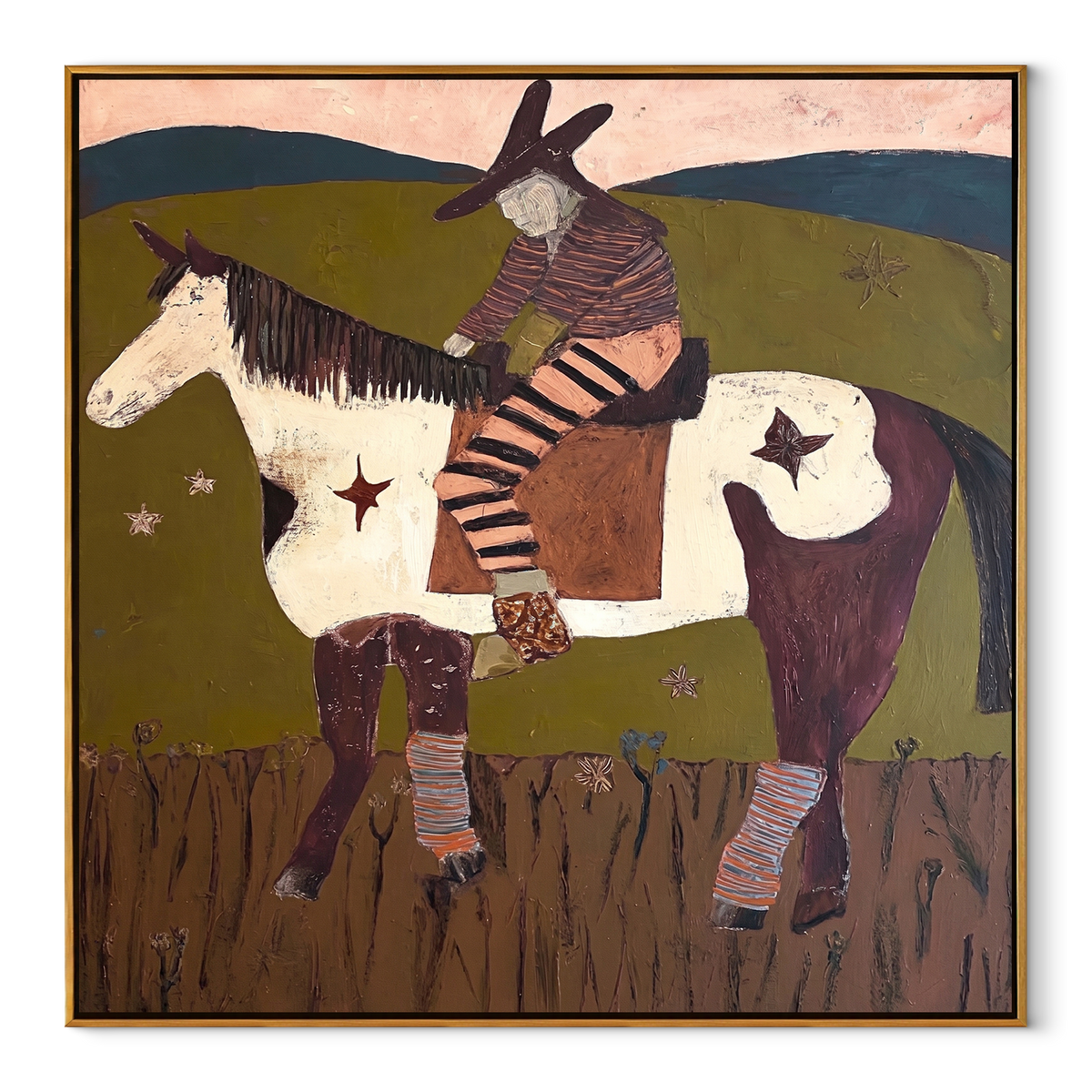 Stars Follow Striped Rider equestrian horse painting, square canvas artwork