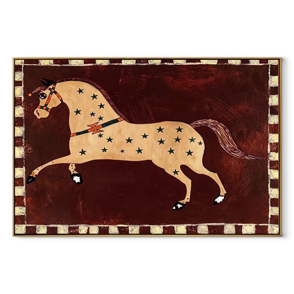 Golden Horse Runs Starlight equestrian horse painting, horizontal canvas artwork