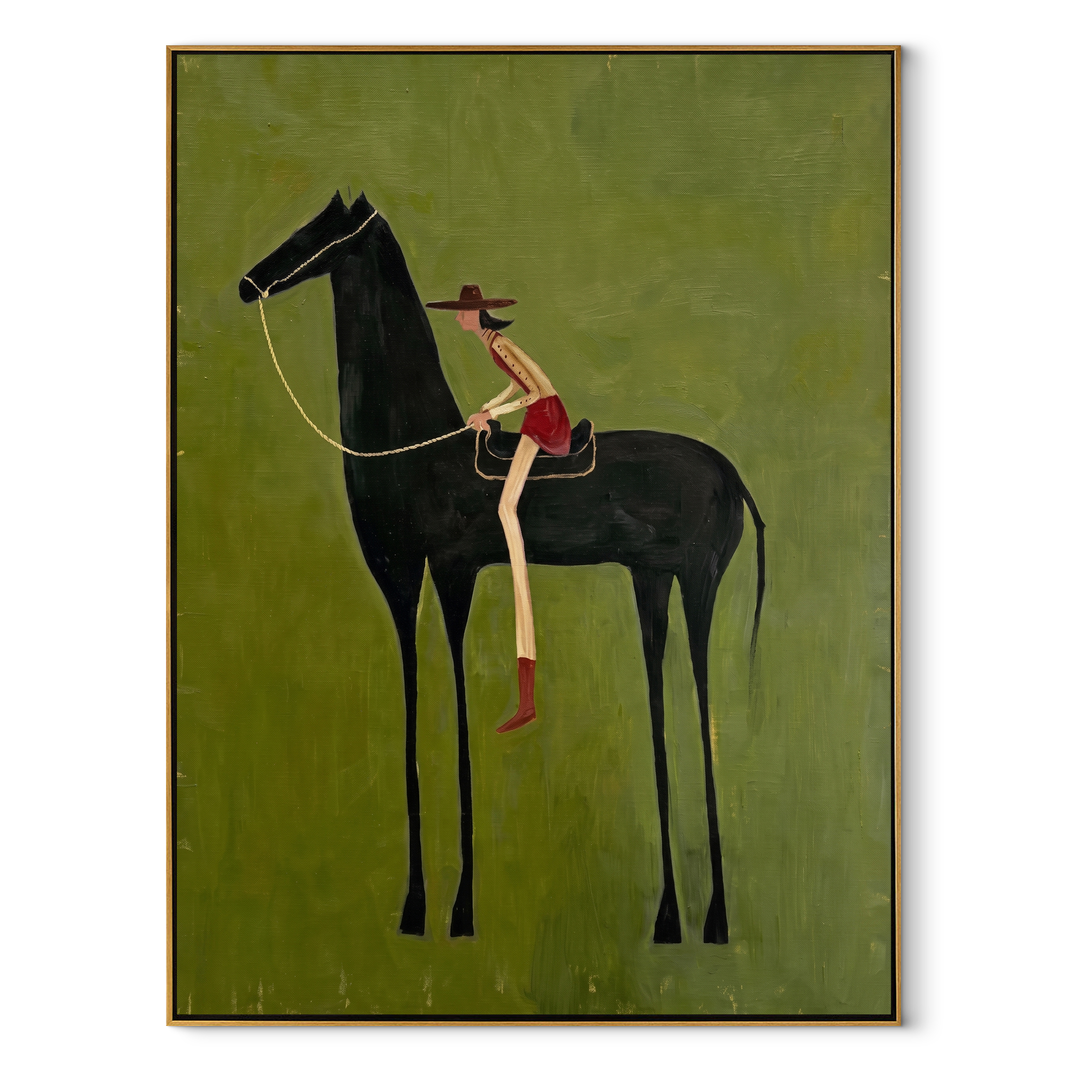 Long Reins Reach Green equestrian horse painting, vertical canvas artwork