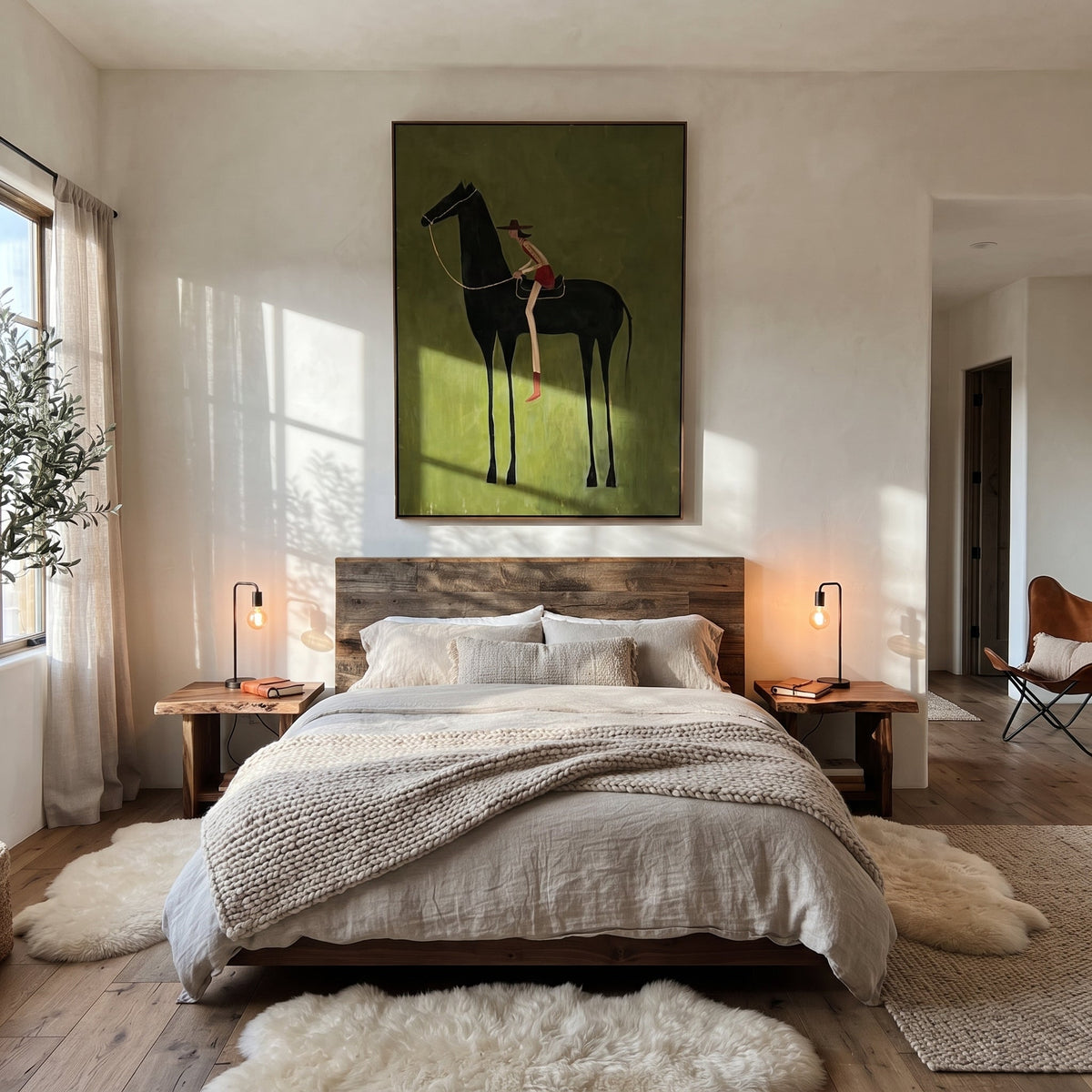 Long Reins Reach Green styled with wood, linen, and modern decor
