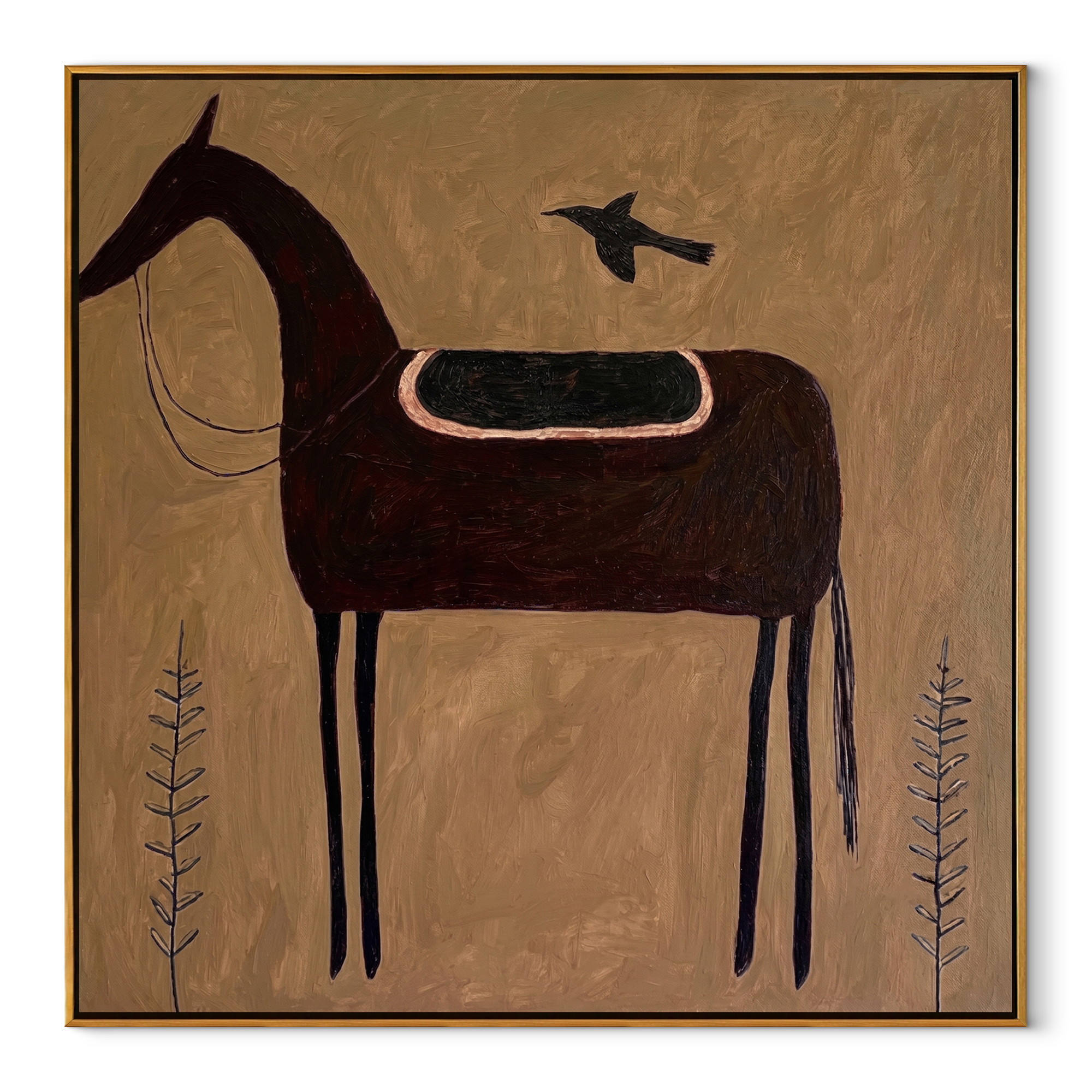 Bird Guards Empty Saddle equestrian horse painting, square canvas artwork