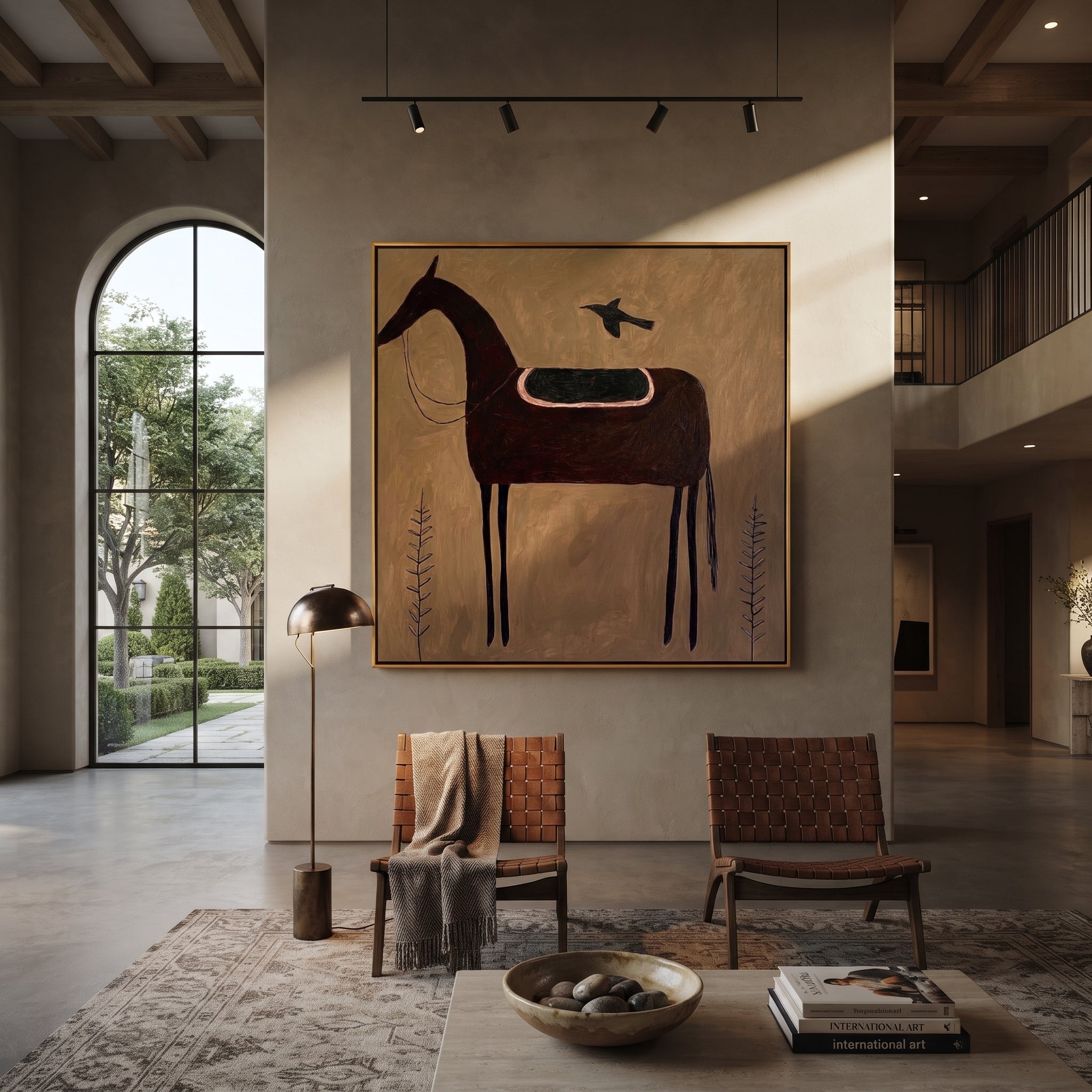 Bird Guards Empty Saddle styled with warm modern furnishings