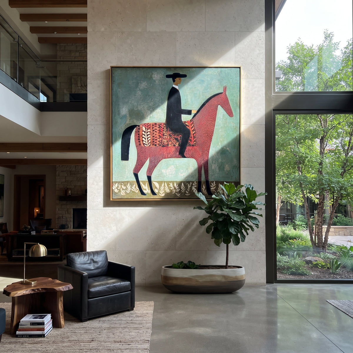 Patterned Saddle Meets Sage displayed in a collected contemporary interior