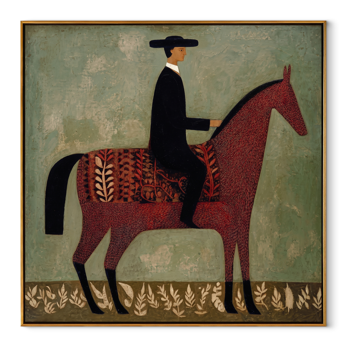 Patterned Saddle Meets Sage equestrian horse painting, square canvas artwork