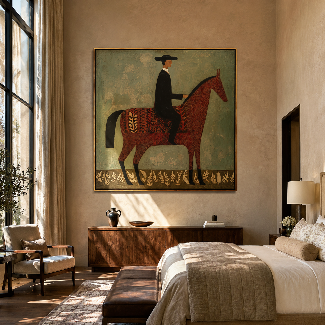 Patterned Saddle Meets Sage displayed in a layered residential setting