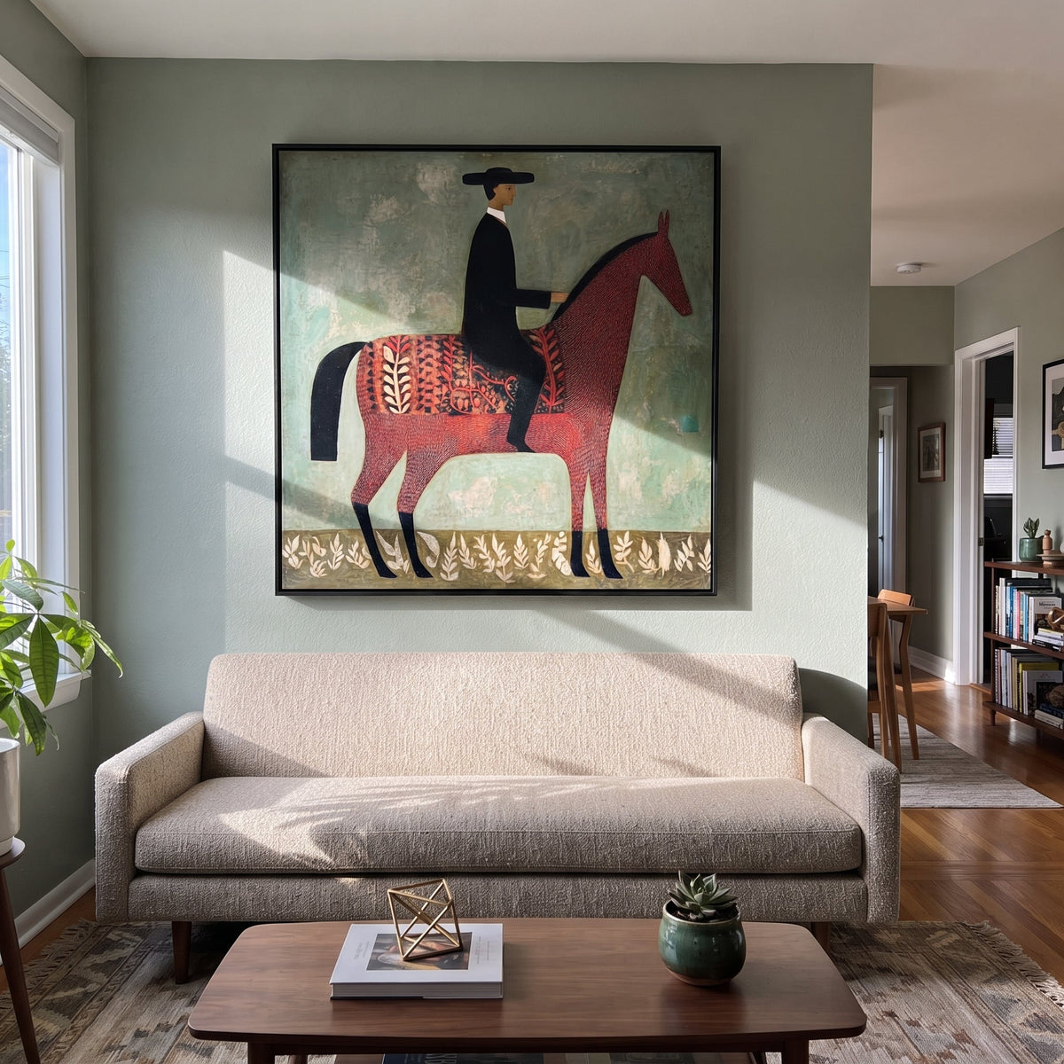Patterned Saddle Meets Sage styled with wood, linen, and modern decor
