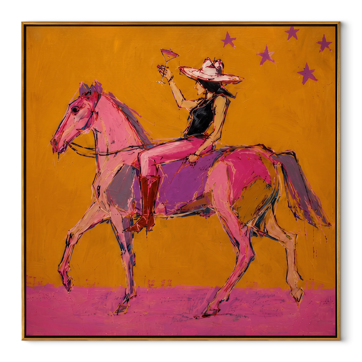 Pink Horses Race Sunlight equestrian horse painting, square canvas artwork