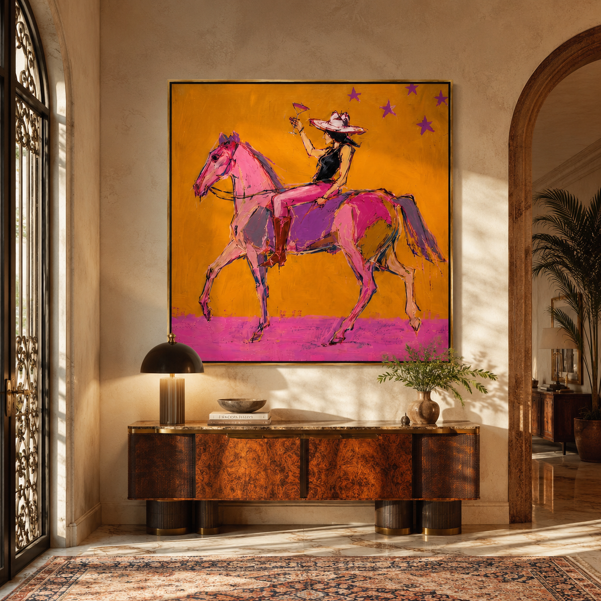 Pink Horses Race Sunlight styled with wood, linen, and modern decor