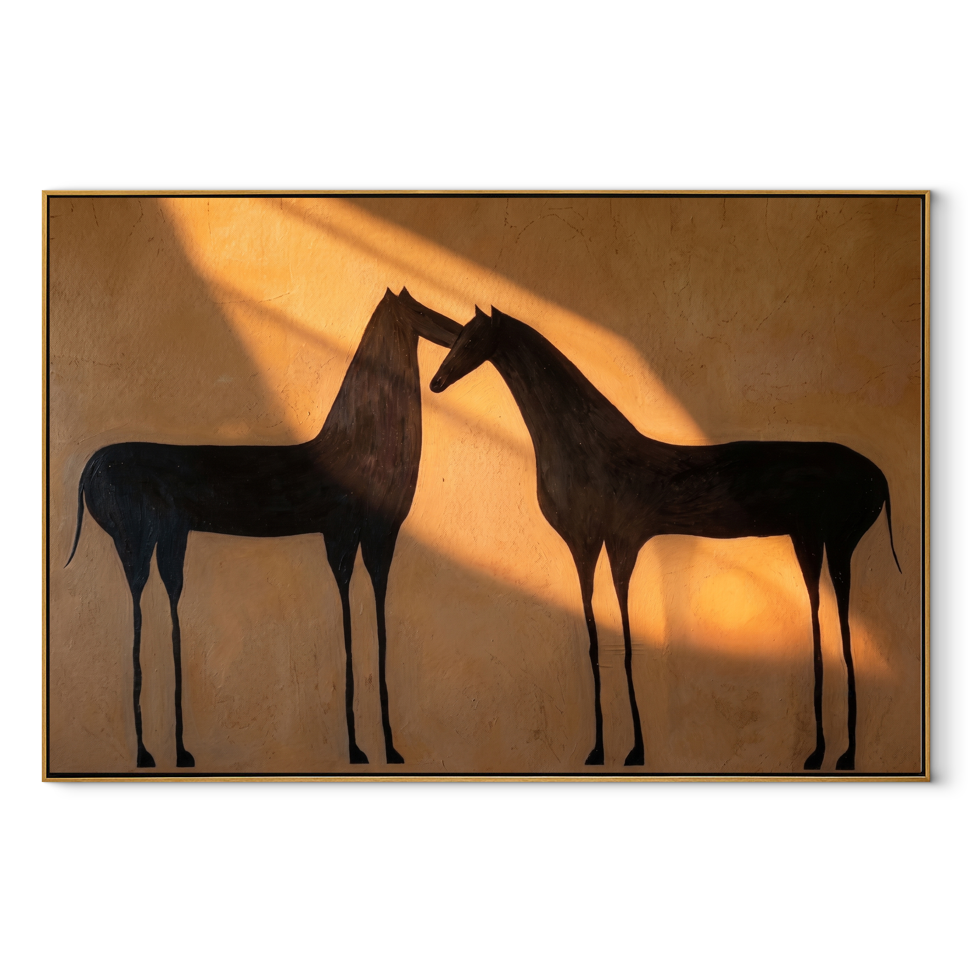 Two Shadows Meet Warmth equestrian horse painting, horizontal canvas artwork