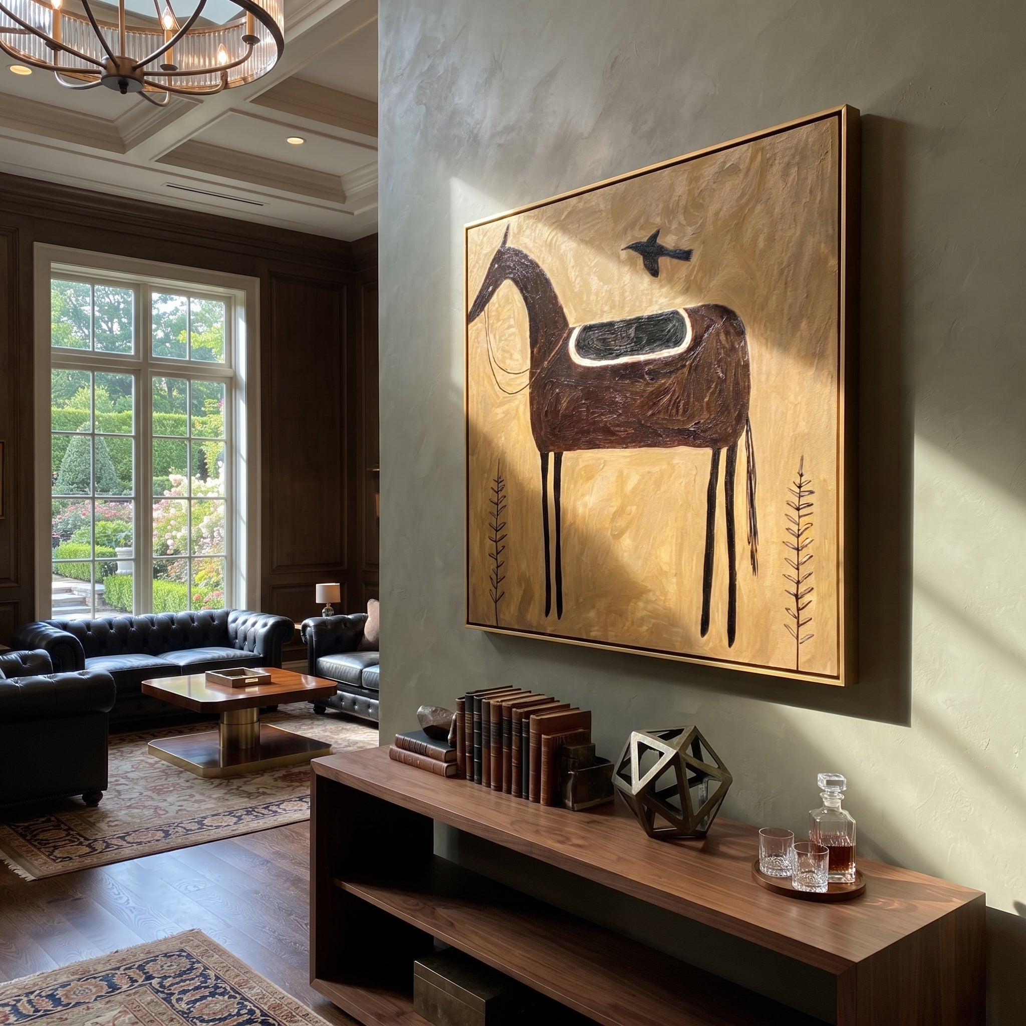 Black Saddle Holds Flight styled with wood, linen, and modern decor