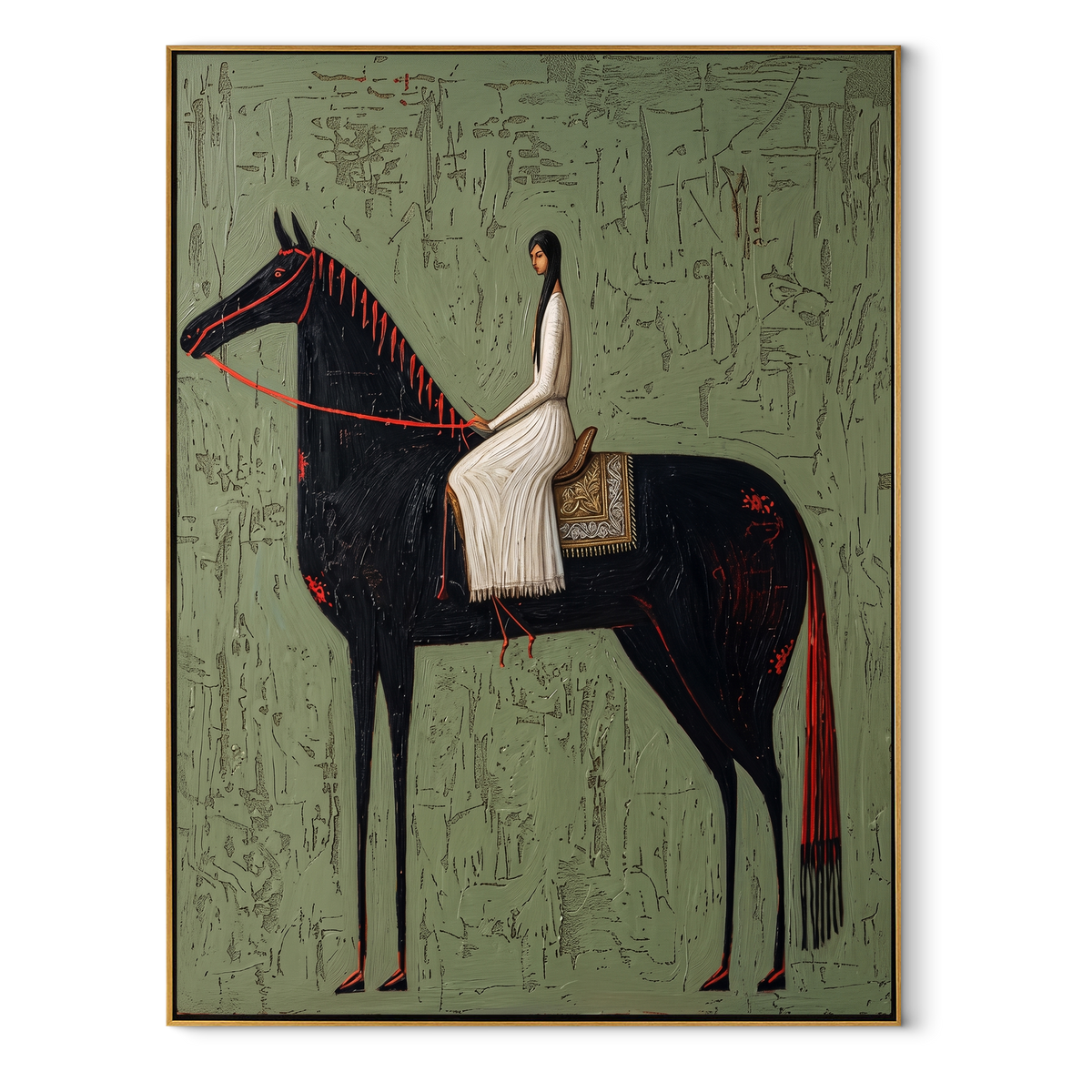 White Dress Crosses Sage equestrian horse painting, vertical canvas artwork