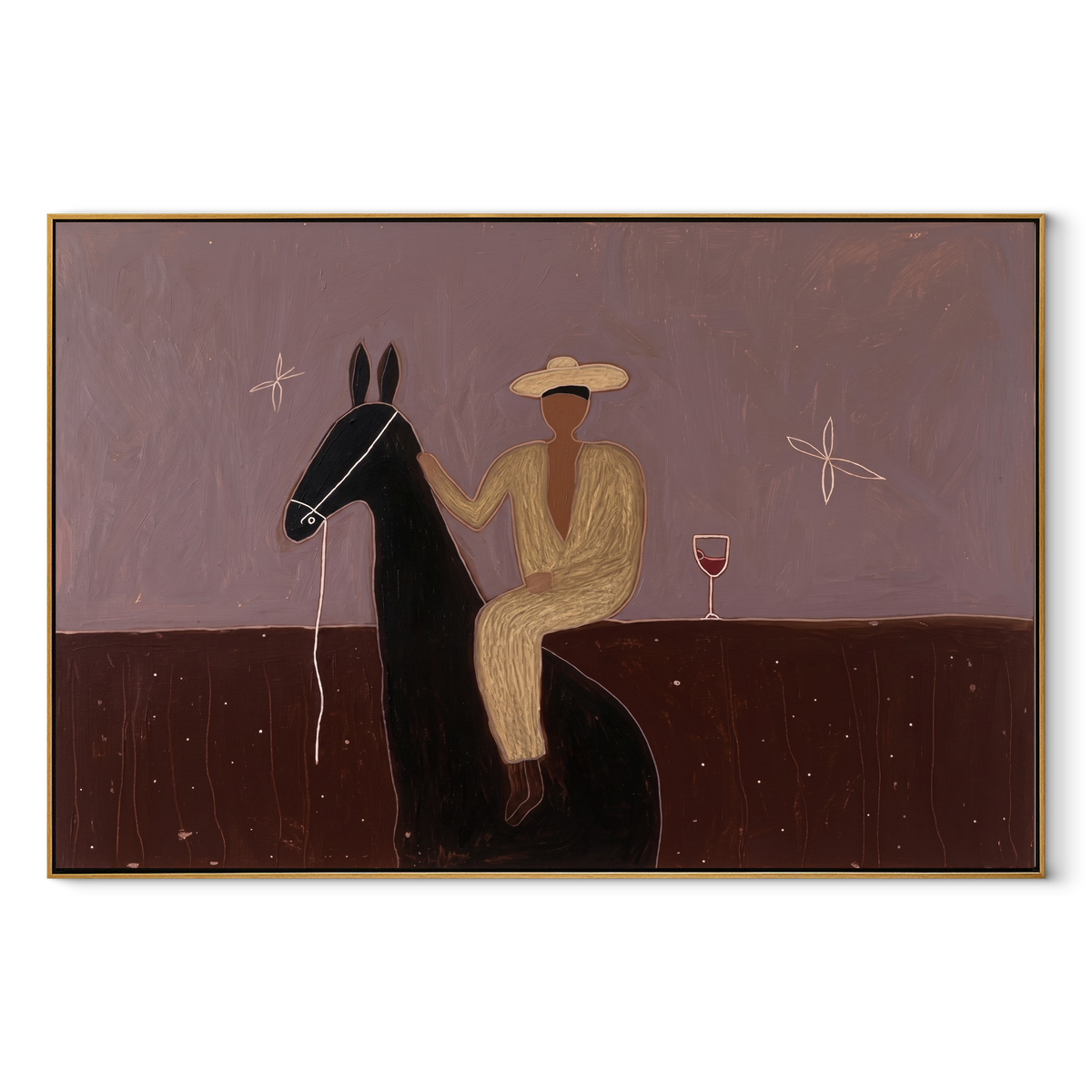 Lavender Evening Holds Toast equestrian horse painting, horizontal canvas artwork