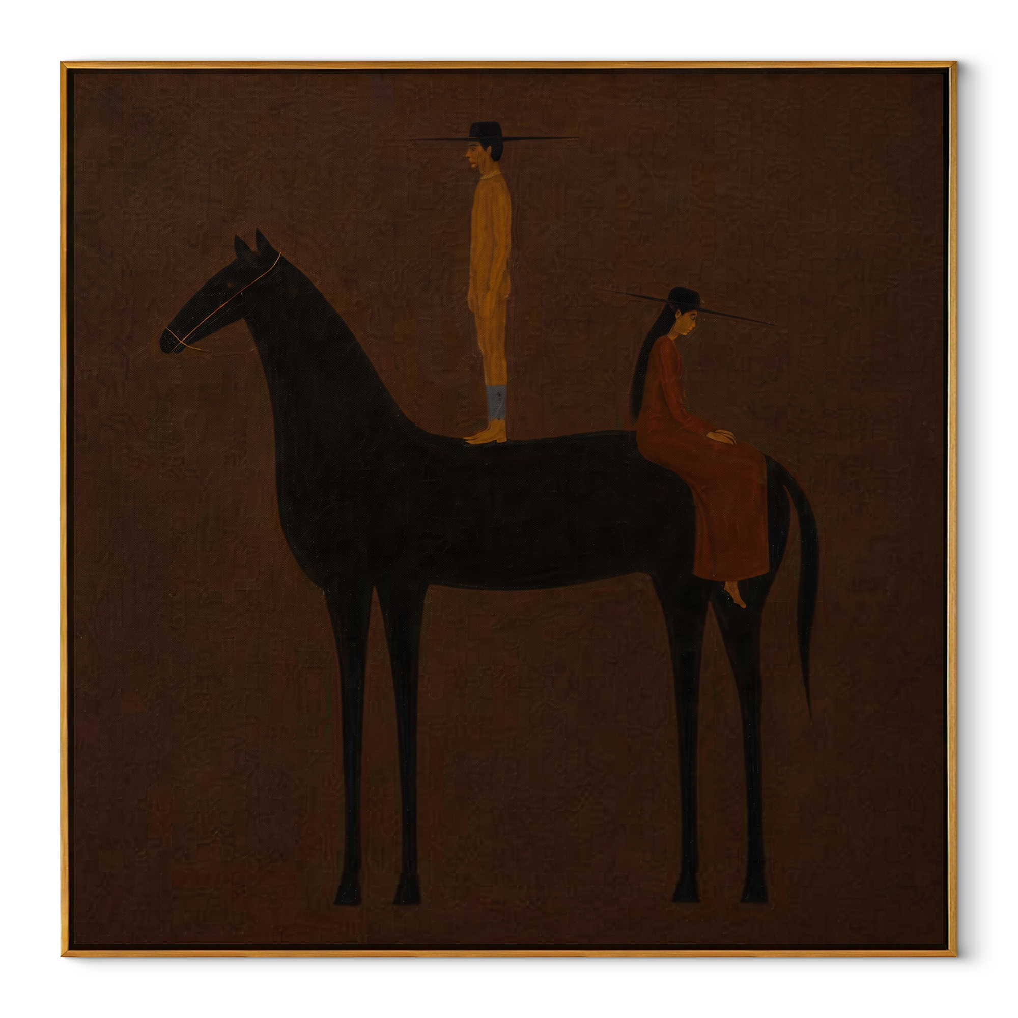 Black Horse Holds Distance equestrian horse painting, square canvas artwork