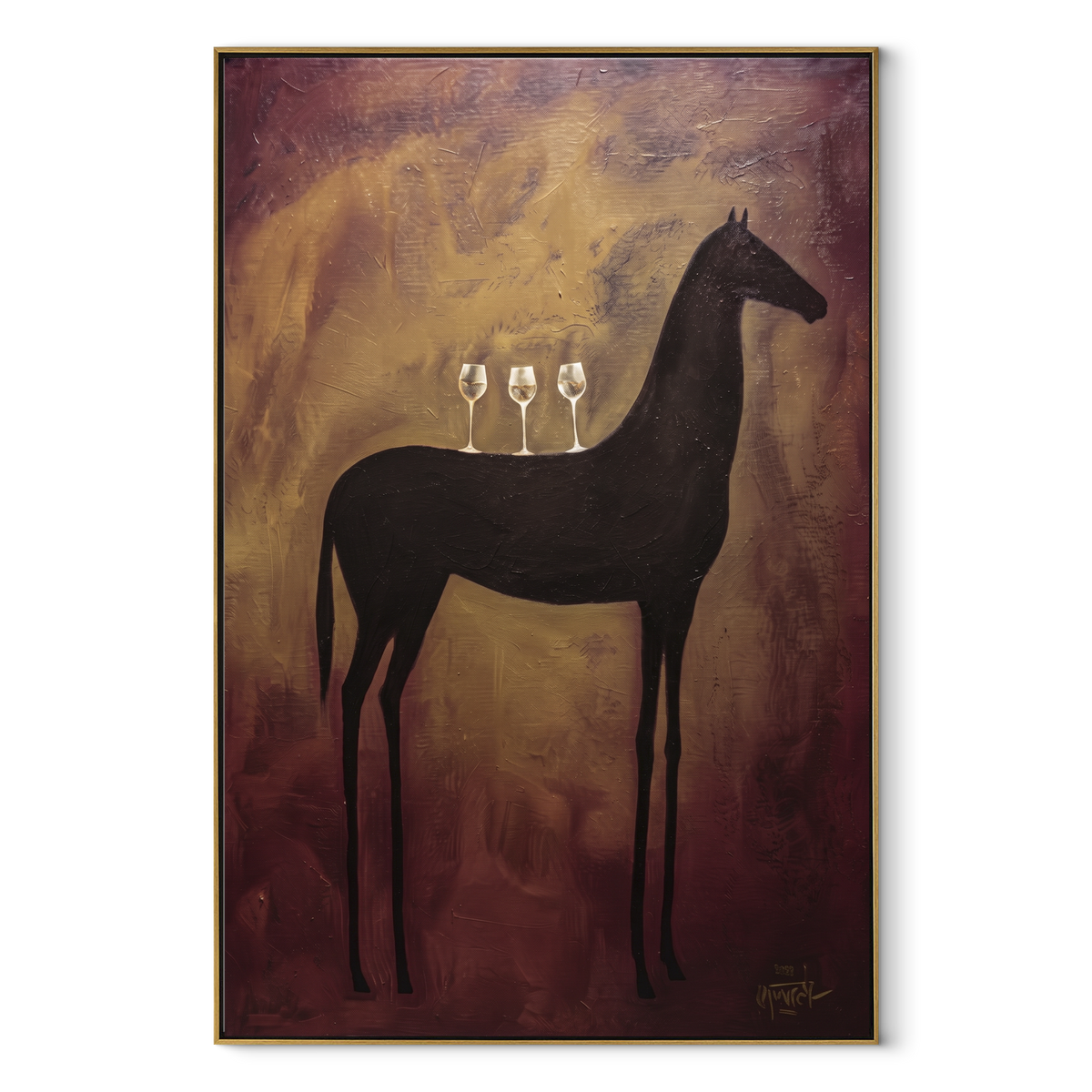 Three Glasses Meet Ember - horse with wine glasses painting by Laura Chen, modern Western vertical wall art - wood frame on white background