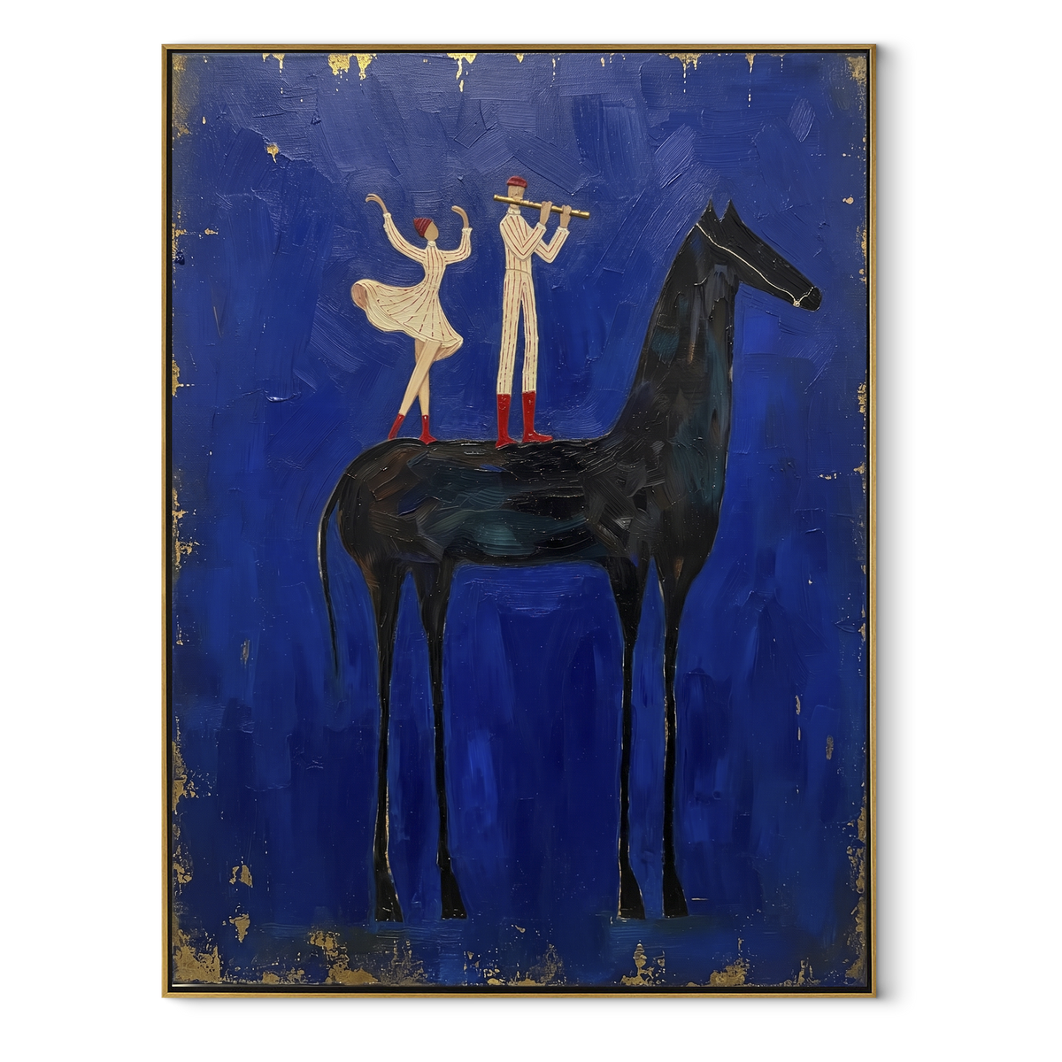 Blue Stage Carries Music - horse performers painting by Laura Chen, modern Western vertical wall art - wood frame on white background