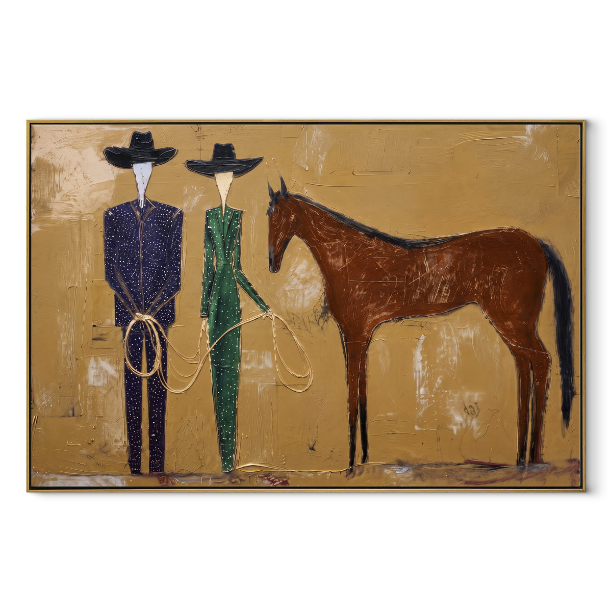 Two Ropers Wait Together - cowboys beside horse painting by Laura Chen, modern Western horizontal wall art - wood frame on white background