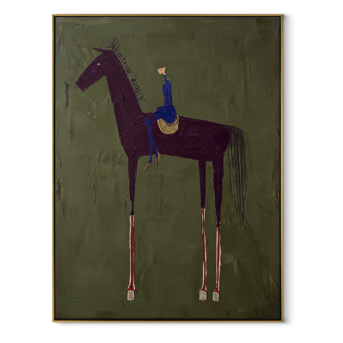 Blue Rider Meets Plum - purple horse rider painting by Laura Chen, modern Western vertical wall art - wood frame on white background