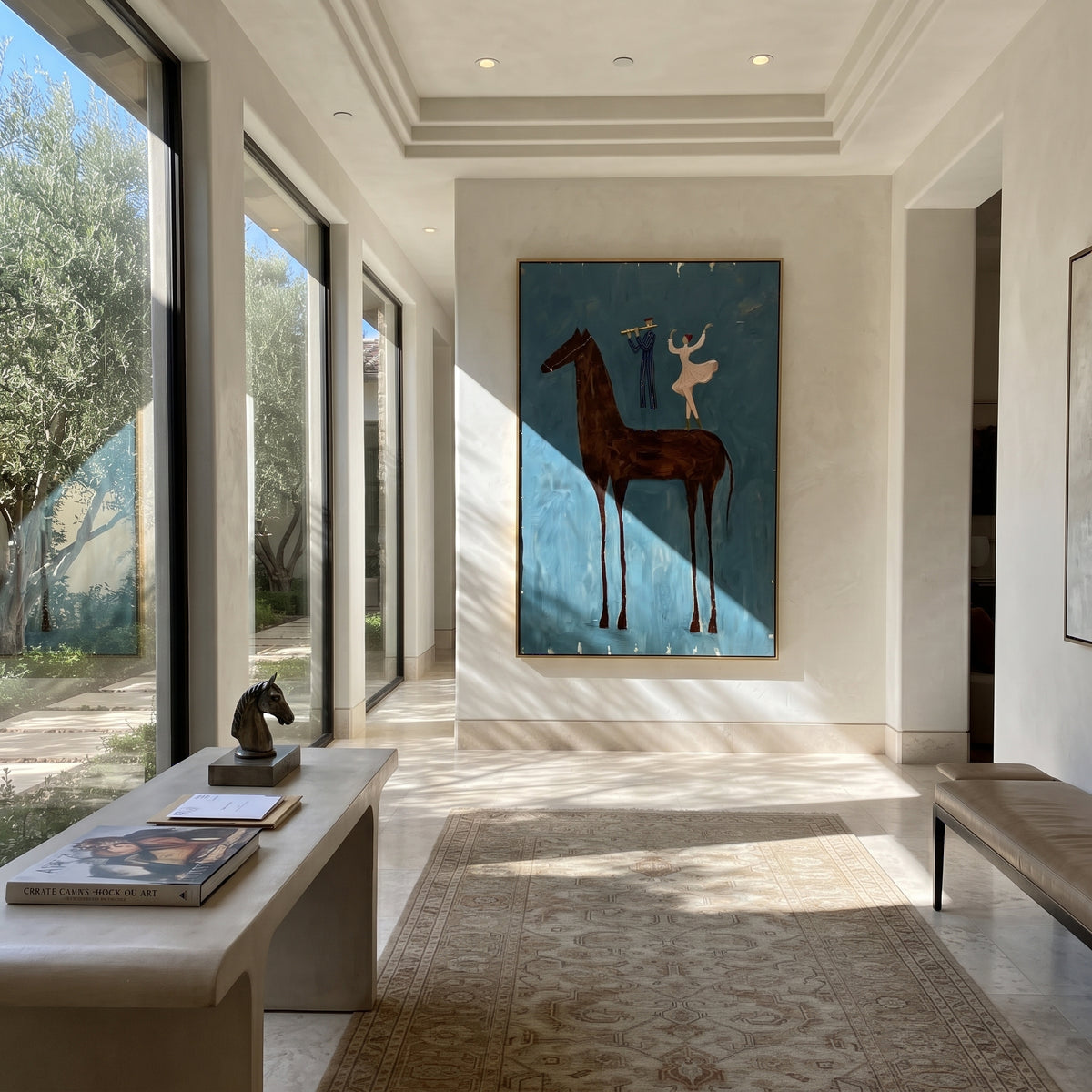 Small Dancers Ride Brown - brown horse performers painting by Laura Chen, modern Western vertical wall art - displayed in a tall entryway