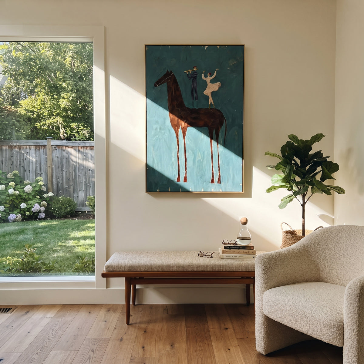 Small Dancers Ride Brown - brown horse performers painting by Laura Chen, modern Western vertical wall art - displayed above a narrow living room console
