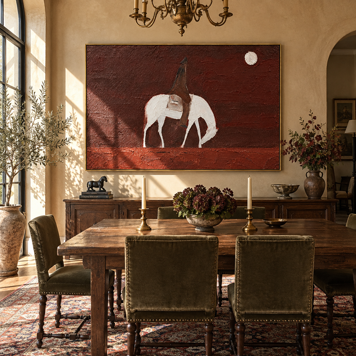 White Horse Waits Moon - saddled white horse painting by Laura Chen, modern Western horizontal wall art - displayed over a home office credenza